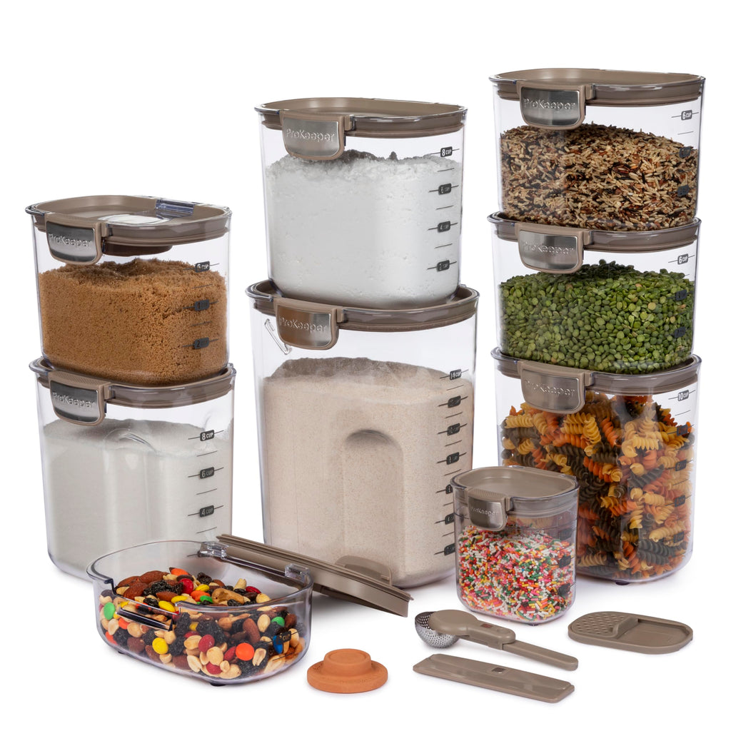 ProKeeper+ Airtight Food Storage Container Set – Clear Plastic Flour and Sugar Canister Set with Magnetic Accessories for Kitchen Organization (Grey, 9-Piece)