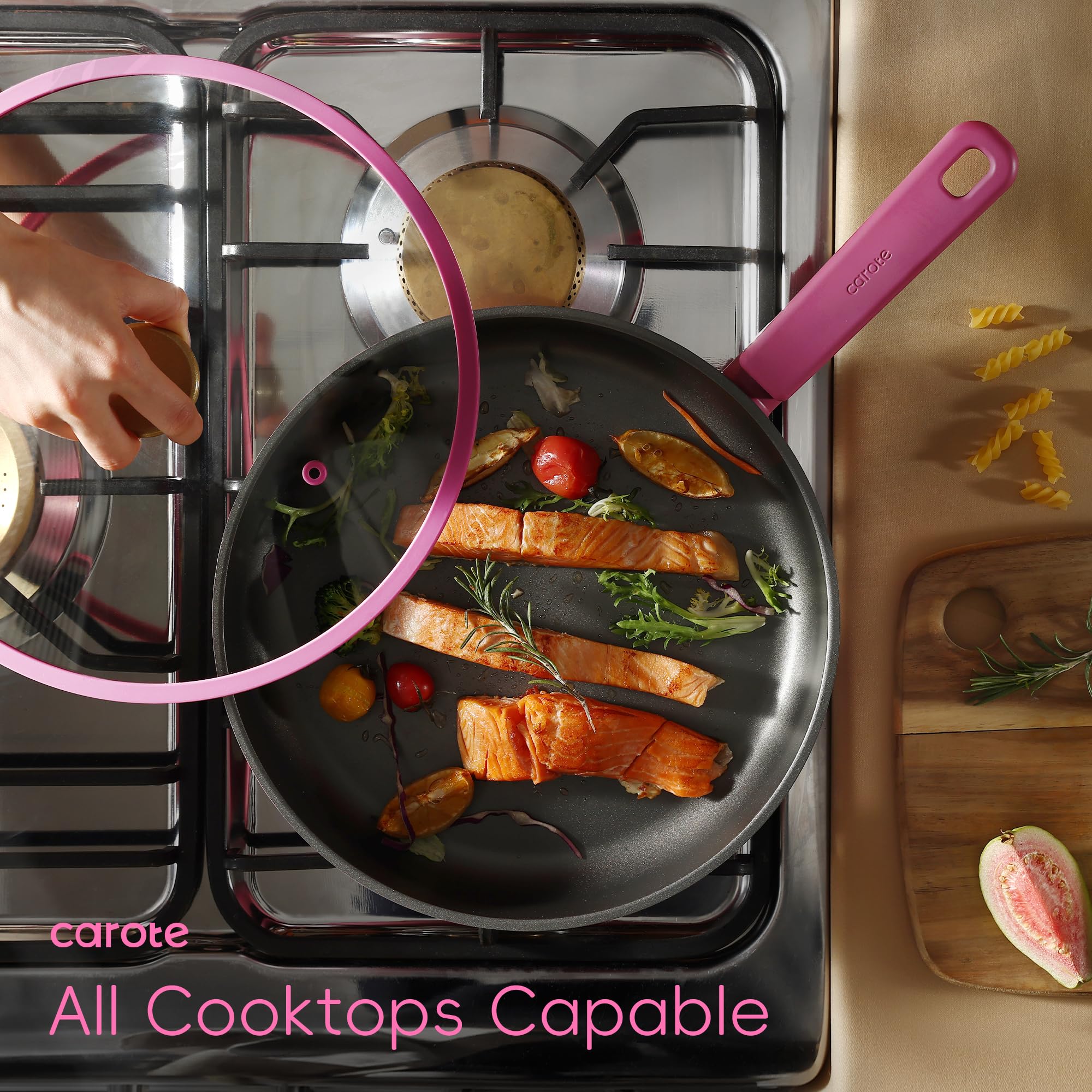 CAROTE 24pcs Ceramic Cookware Set, Pots and Pans Non Stick Kitchen Cookware Sets, Pots and Pans Set Cooking Set with Knife Set