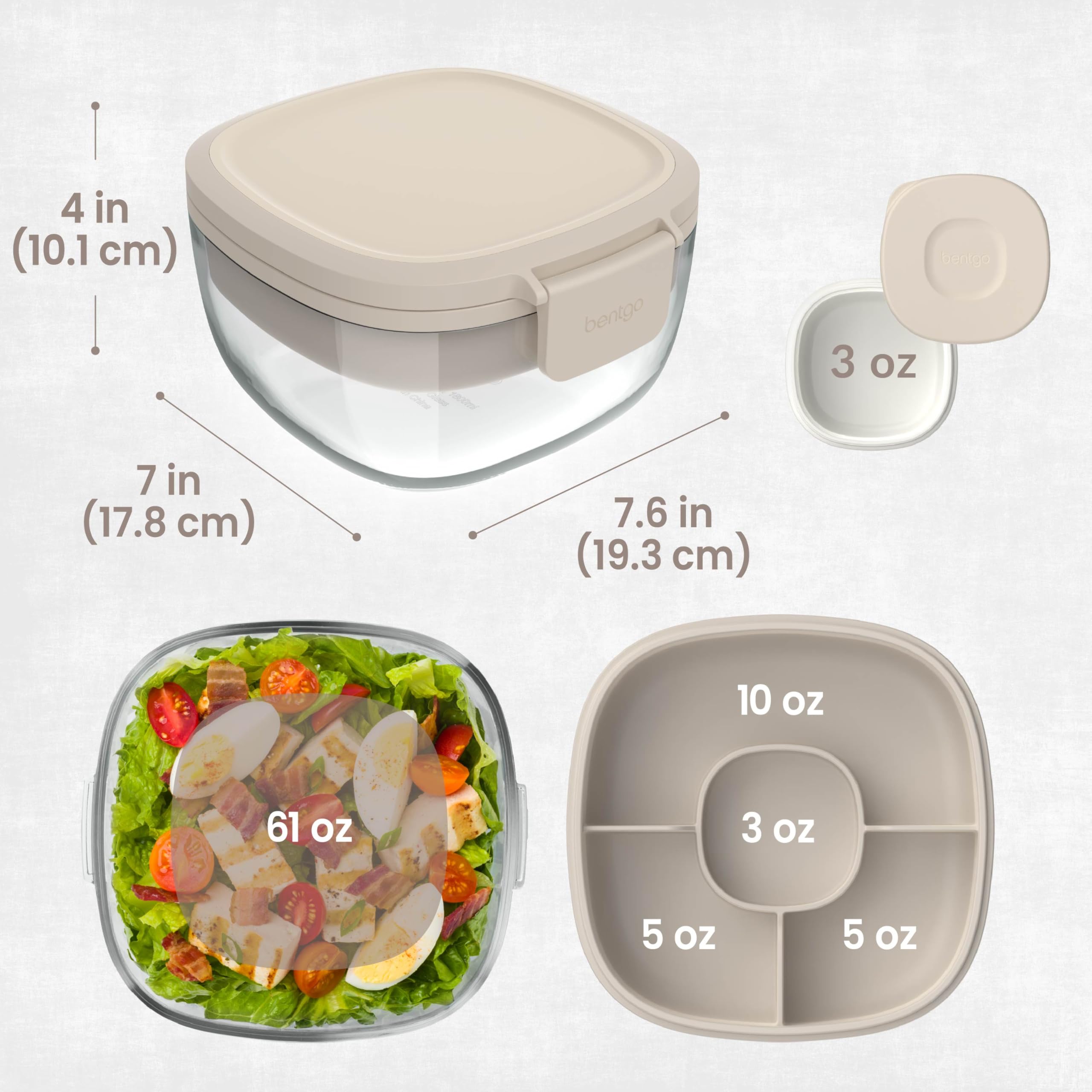 Bentgo Glass Salad Container - 7.6-Cup Salad Bowl with Airtight Lid, Leak-Proof Sauce Container, 4-Compartment Bento Tray & Reusable Fork - BPA-Free for Meal Prep, Office & More (Lavender)