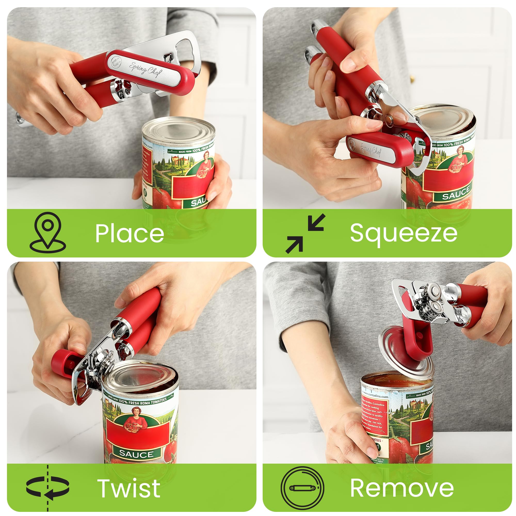 Spring Chef Stainless Steel Can Opener - Manual with Soft Grip Handles, Easy Turn, Heavy Duty Hand Can Openers for Seniors with Smooth Edge - Magnetic Lid Remover - Black