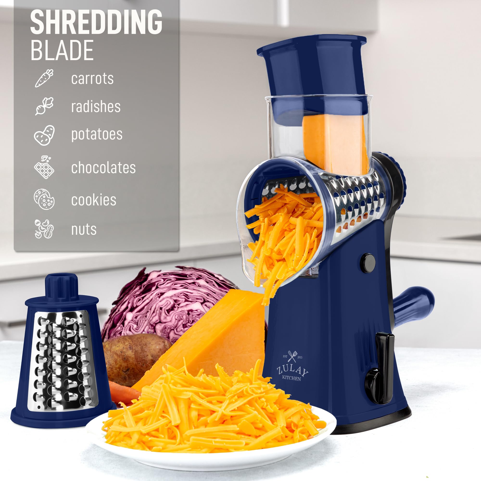 Zulay Kitchen Rotary Cheese Grater 5 Blade Cheese Shredder - Manual Hand Crank Cheese Grater With Reinforced Suction & 5 Interchangeable Drums - Easy to Use, Vegetable Chopper Round Mandoline Slicer