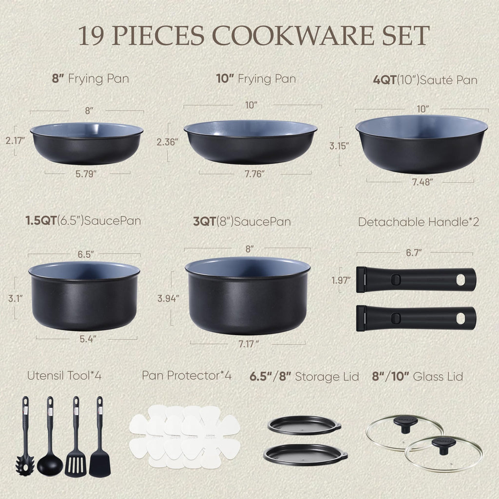 CAROTE 17pcs Pots and Pans Set, Nonstick Cookware Set Detachable Handle, Induction Kitchen Cookware Sets Non Stick with Removable Handle, RV Cookware Set, Oven Safe