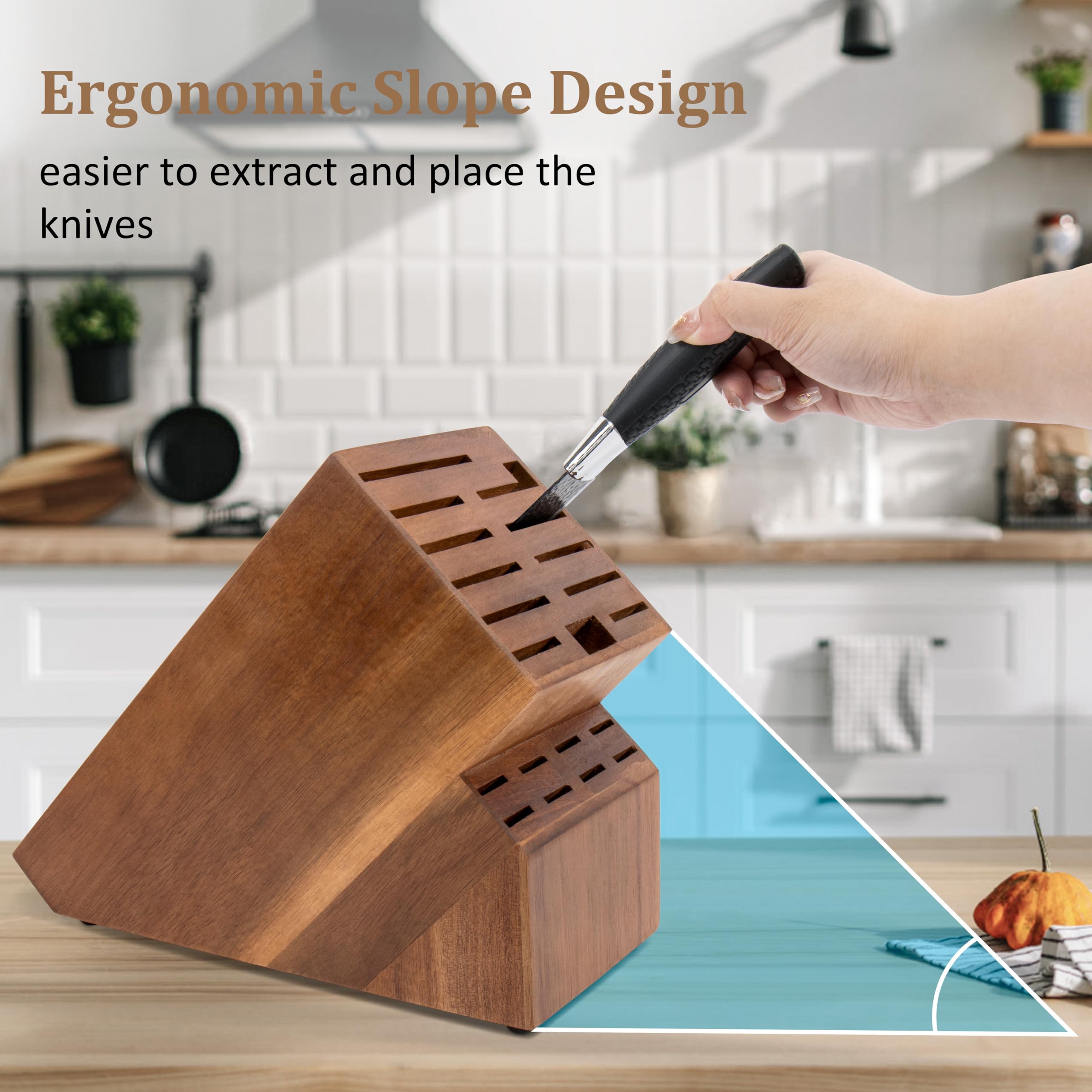20 Slot Knife Block Storage without Knives,Acacia Wood Universal Knife Holder for Kitchen Countertop,Large Butcher Block Organizer,Easy Kitchen Knife Storage (Black)