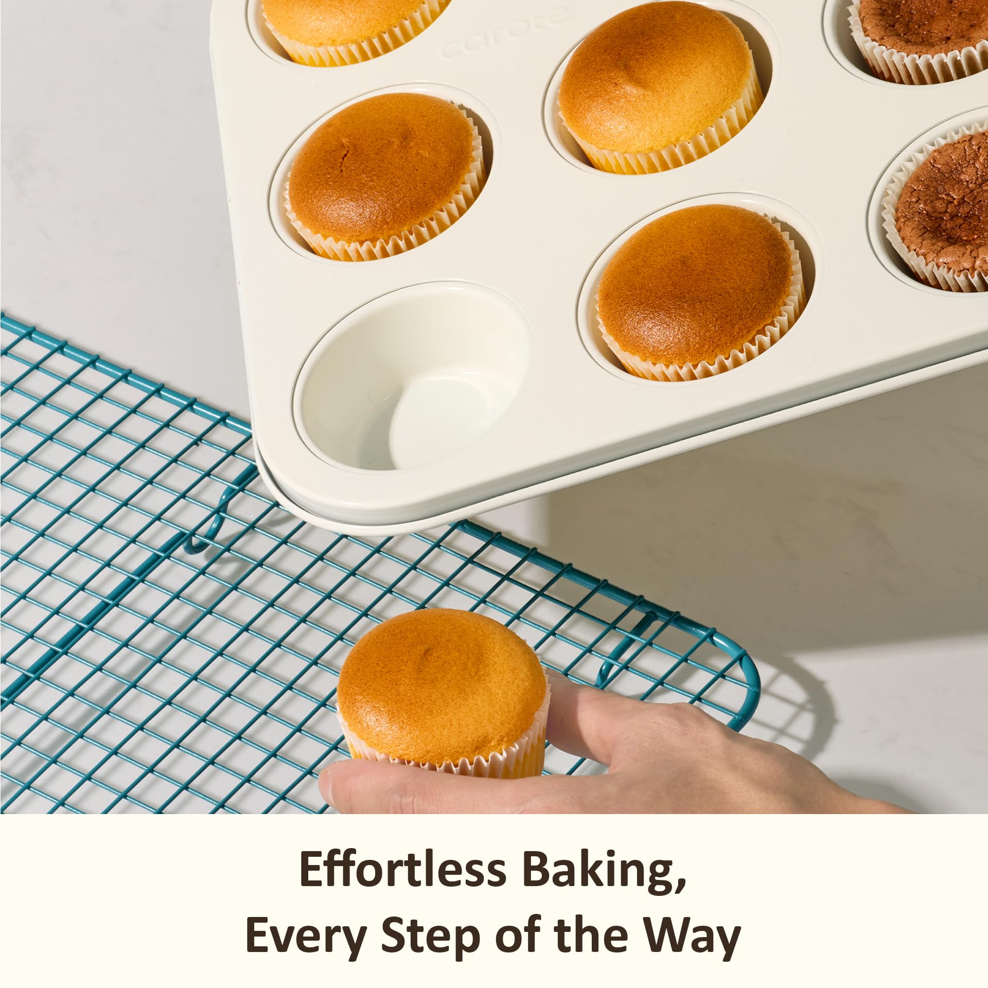 CAROTE 6-Piece Nonstick Ceramic Baking Pans Set - Bakeware Sets Including Cookie Sheets for Baking, Muffin Pan, Bread Pan, Cake pan, Loaf Pan, Cooling Rack, Light Blue & Cream White