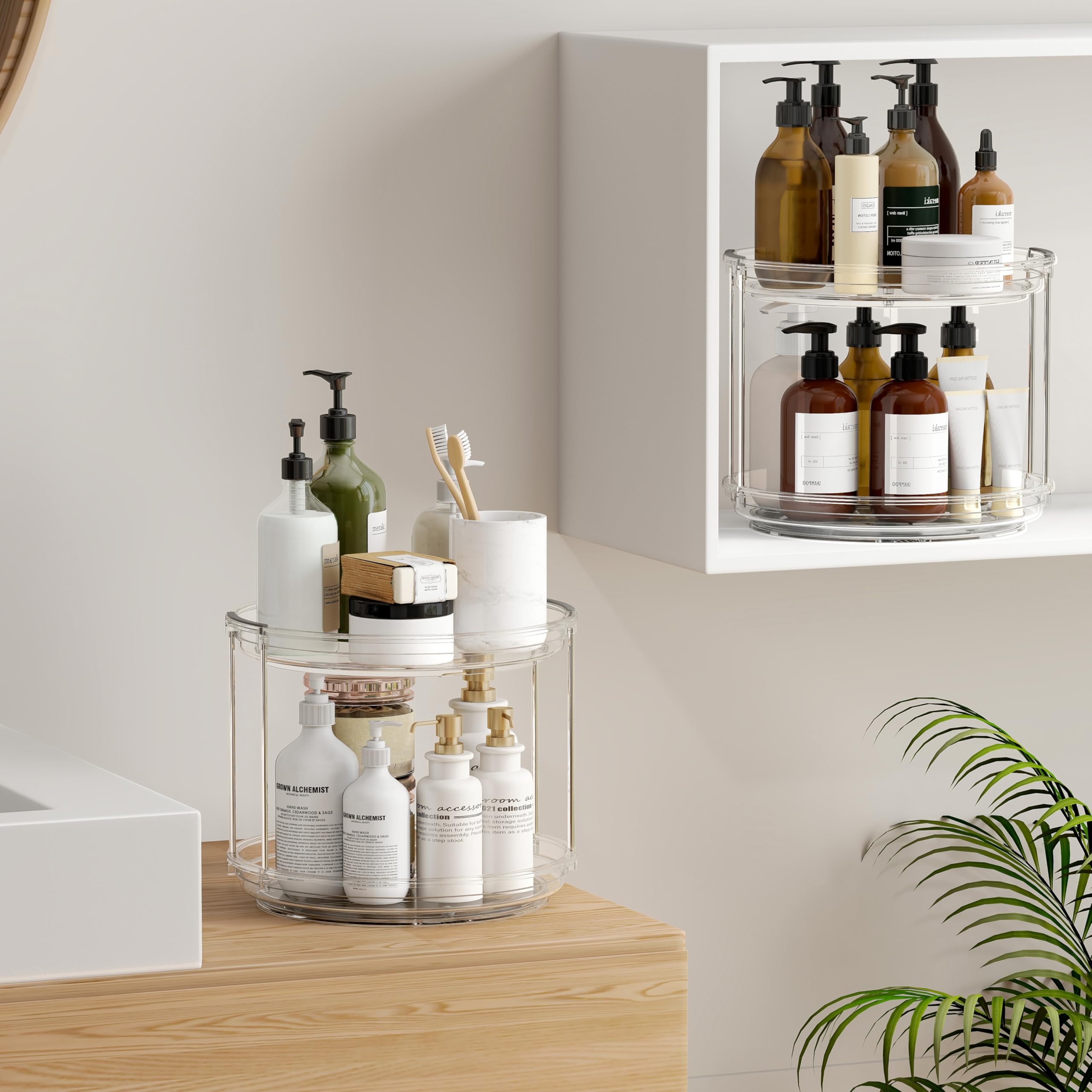 2 Pack 2 Tier Lazy Susan Turntable Organizer 9.25 inch, Rotating Spice Rack Organization for Cabinet, Bathroom, Pantry, Countertop, Kitchen, Vanity, Medicine Cabinet Organizer, Clear