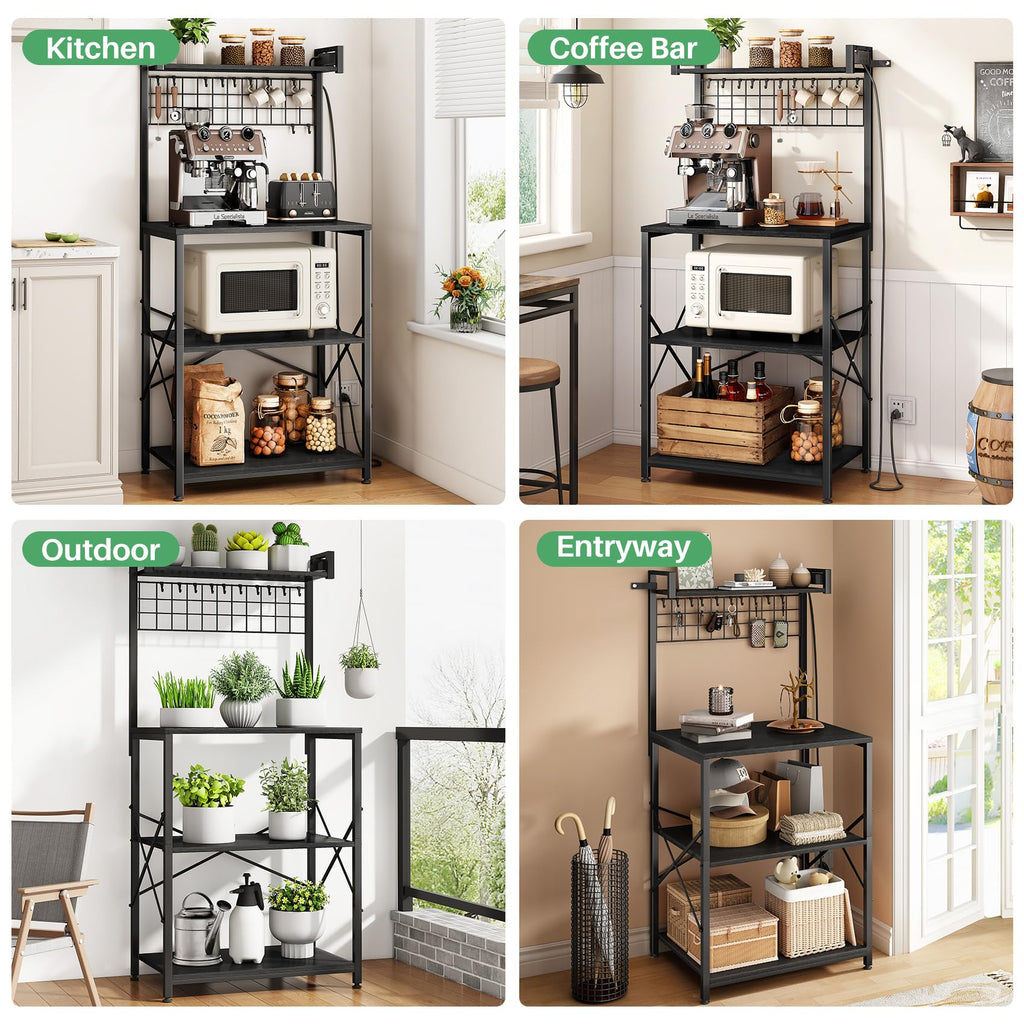 SNTD Bakers Rack with Power Outlet, Kitchen Shelves Microwave Stand with Wire Grid and 10 Hooks, 4 Tiers Coffee Stand (Rustic Brown, 23.5 x 15.6 x 52.8 Inches)