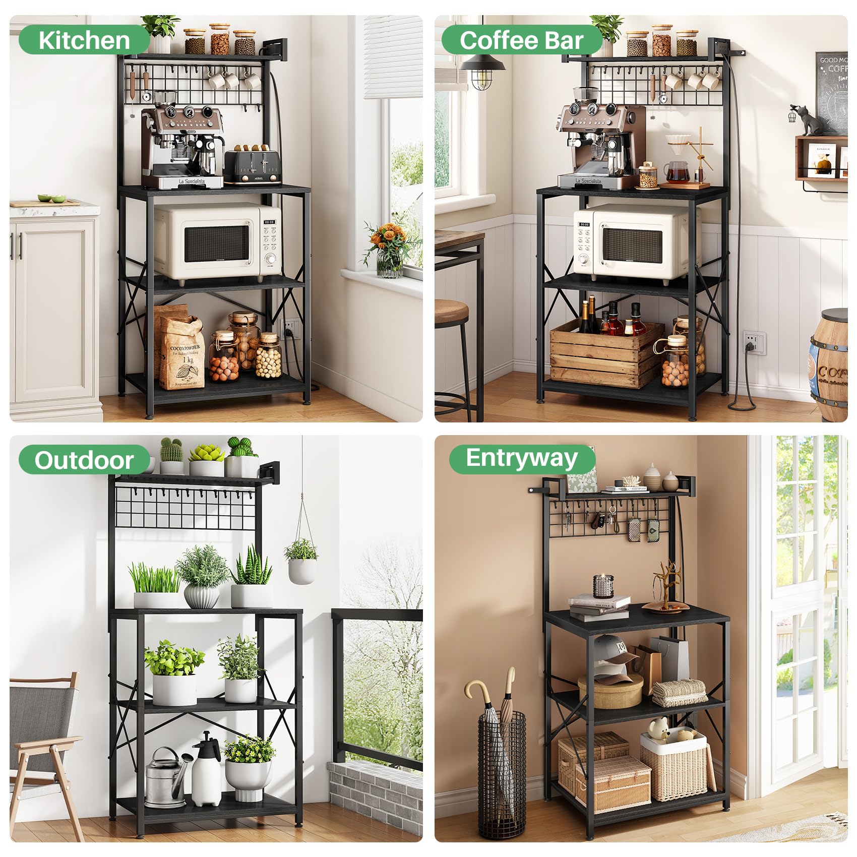 SNTD Bakers Rack with Power Outlet, Kitchen Shelves Microwave Stand with Wire Grid and 10 Hooks, 4 Tiers Coffee Stand (Rustic Brown, 23.5 x 15.6 x 52.8 Inches)