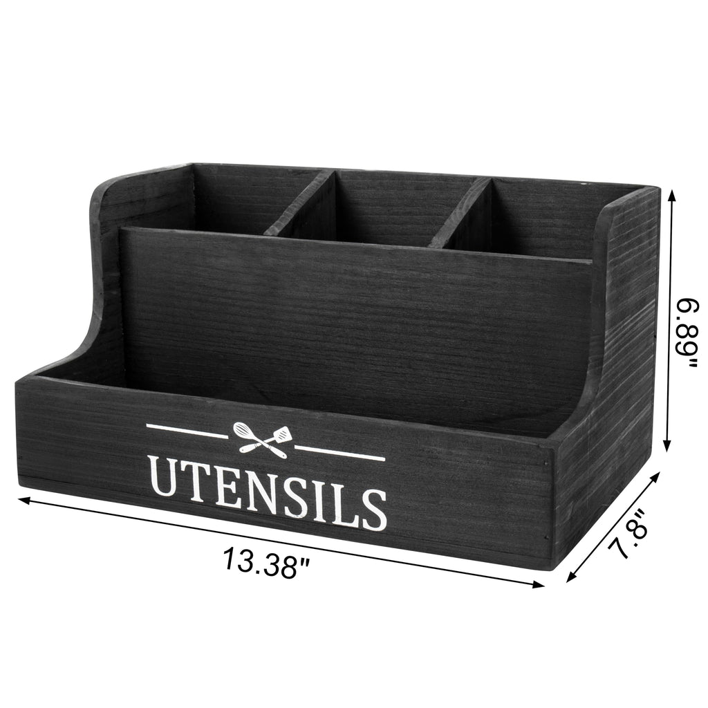 RedCall Extra Large Kitchen Utensils Holder 4 Compartments,Wood Utensil Organizer for Kitchen Countertop,Farmhouse Cooking Utensil Holder with Spice Storage space (Black)