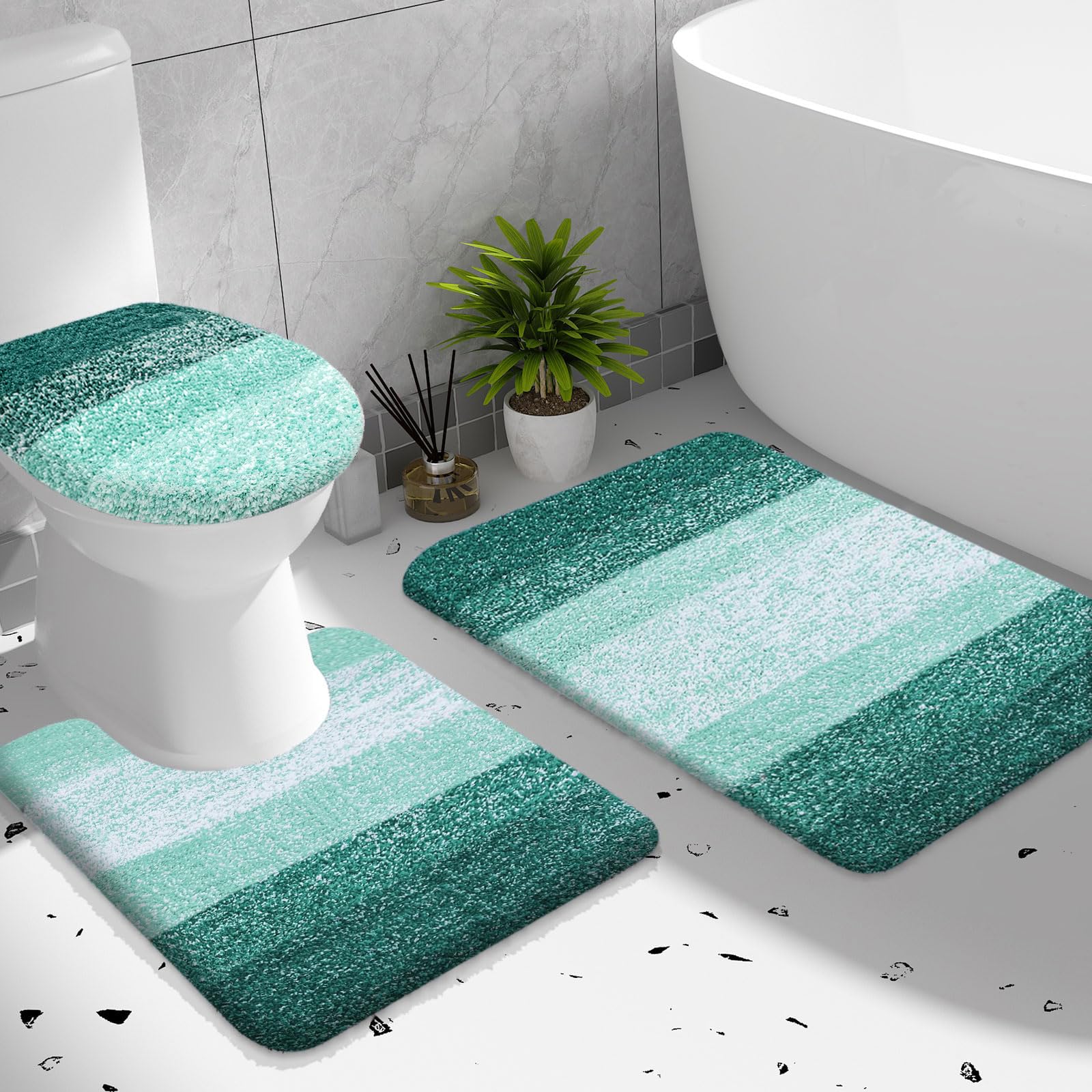 OLANLY Bathroom Rugs Sets 3 Piece, Soft Microfiber Absorbent Bath Mat, U-Shaped Contour Toilet Mat and Toilet Lid Cover, Quick Dry, Machine Washable, Toilet Cover and Rug Set for Bathroom, Grey