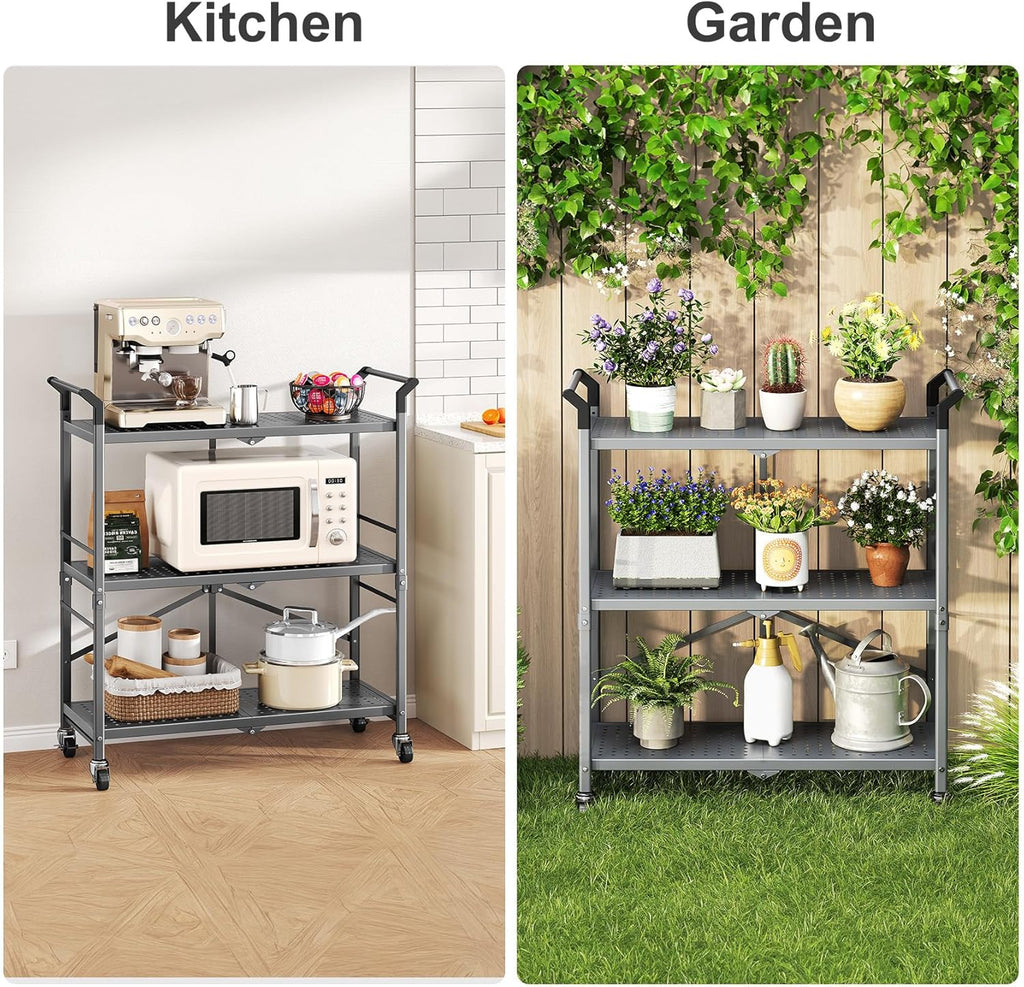 SNTD 3 Tier Rolling Cart Metal - Folding Utility Carts with Wheels for Office Storage Garage Kitchen, Grey