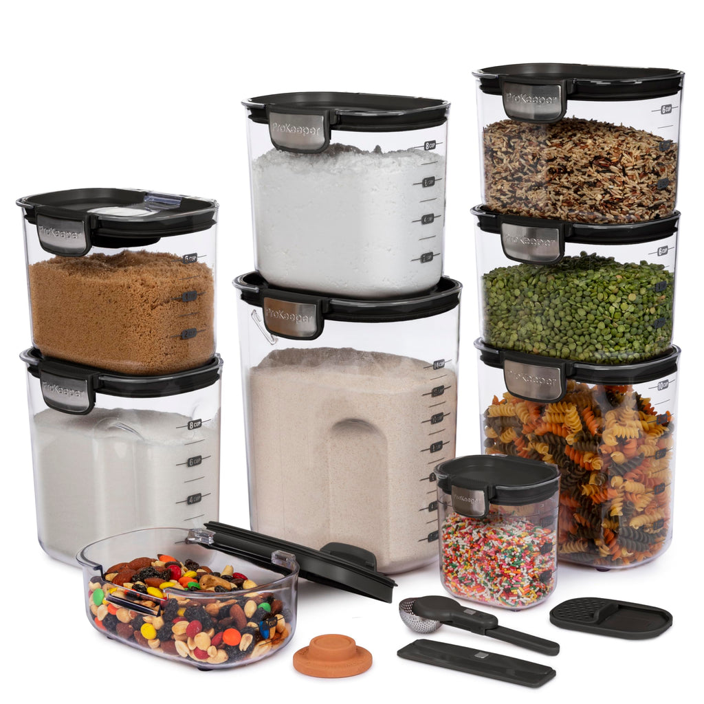 ProKeeper+ Airtight Food Storage Container Set – Clear Plastic Flour and Sugar Canister Set with Magnetic Accessories for Kitchen Organization (Grey, 9-Piece)