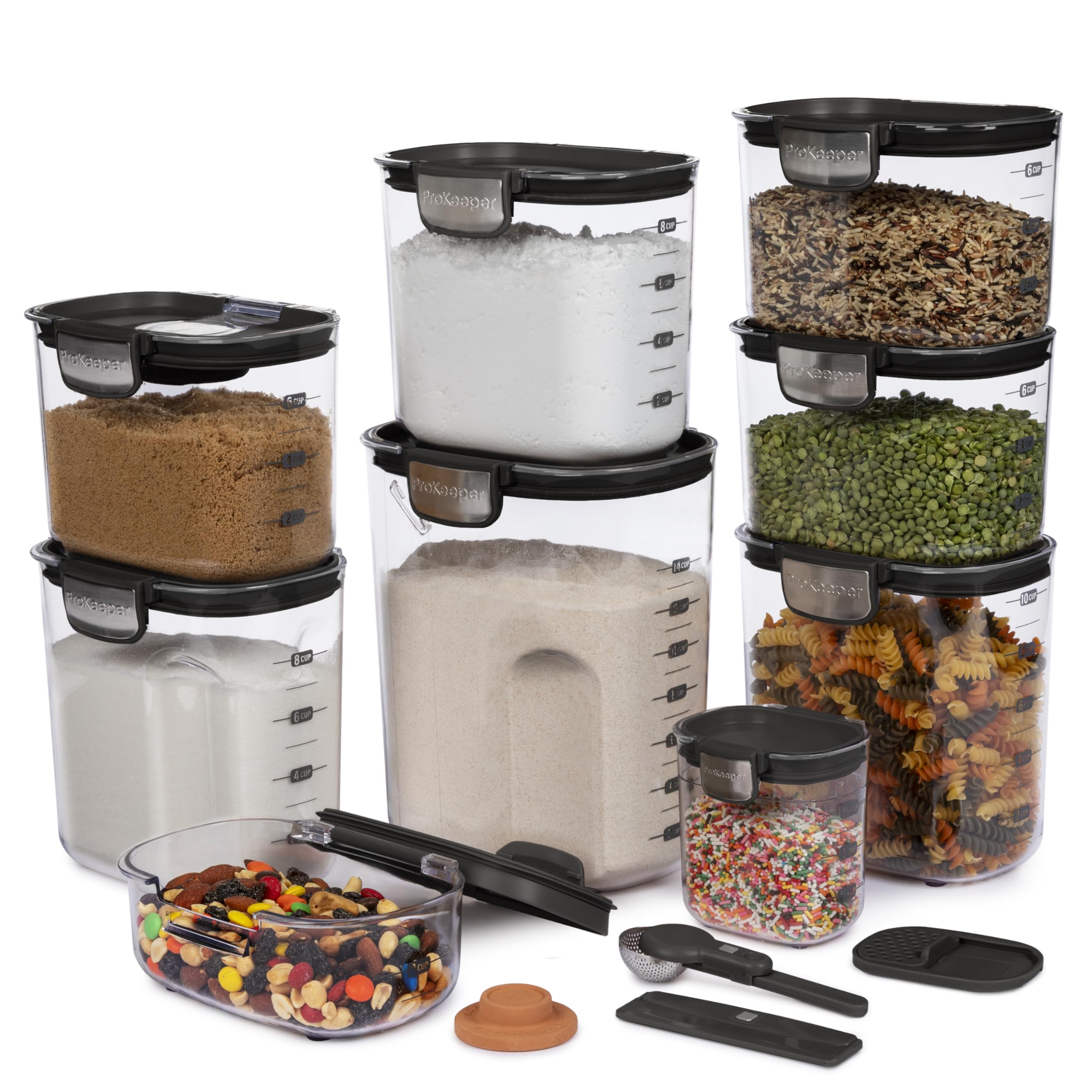 ProKeeper+ Airtight Food Storage Container Set – Clear Plastic Flour and Sugar Canister Set with Magnetic Accessories for Kitchen Organization (Grey, 9-Piece)