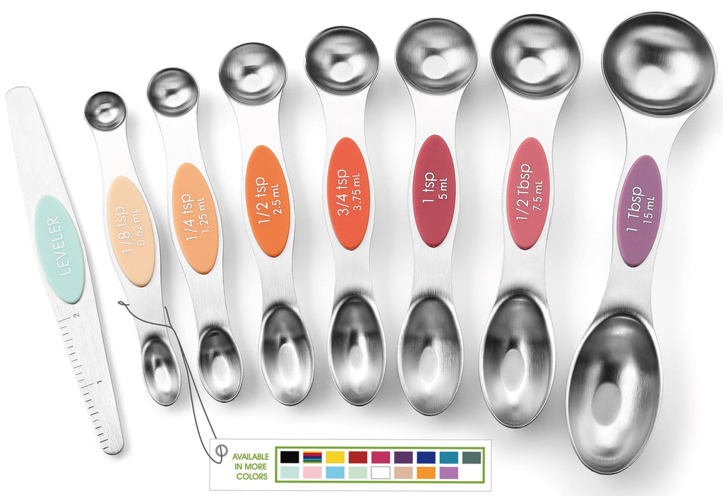 Spring Chef Stainless Steel Magnetic Measuring Spoons Set with Strong N45 Magnets, Heavy Duty Metal Kitchen Gadgets for Baking & Cooking, Fits in Most Kitchen Spice Jars, Set of 8 with Leveler, Black