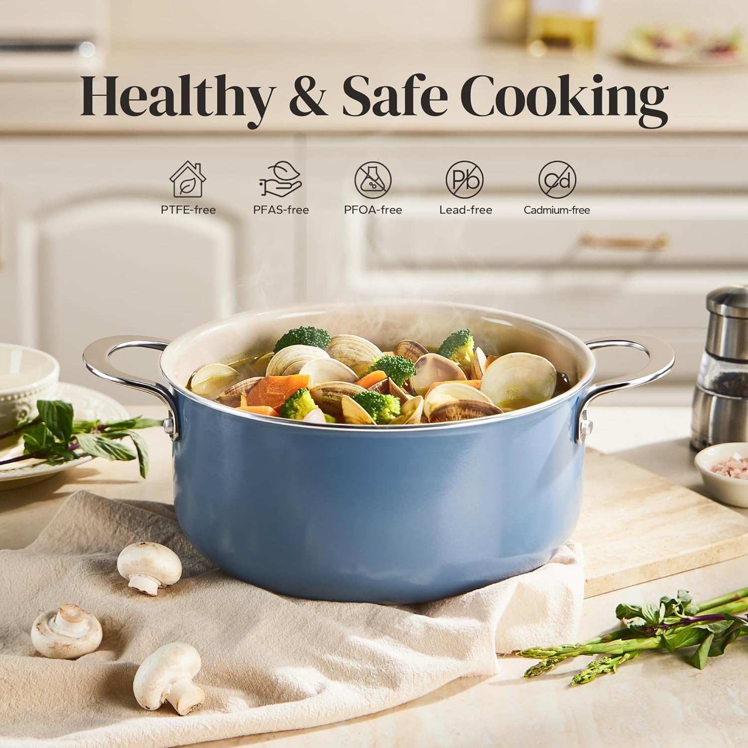 Redchef 5 QT Ceramic Stock Pot with Lid, 3.5QT Small Saucepan, Stay-Cool Handles, Compatible All Stovetops, PFAS PFOA & PTFE Free (Blue)