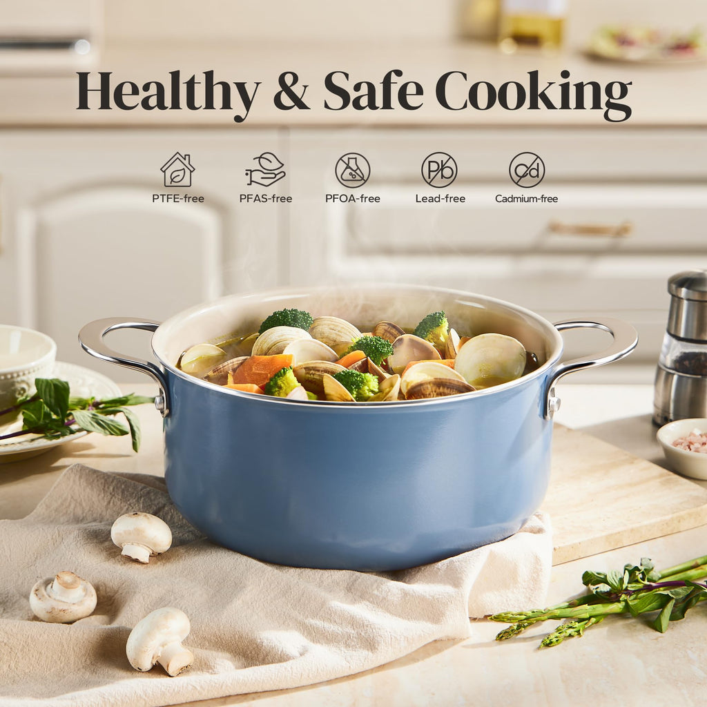 Redchef Ceramic Stock Pot with Lid, Soup Pot for All Stoves, 5 Qt Induction Cooking Pot for Soup Nonstick, Even Heating, Stay-Cool Handles, Oven/Dishwasher Safe, PTFE PFAS Free (Beige)