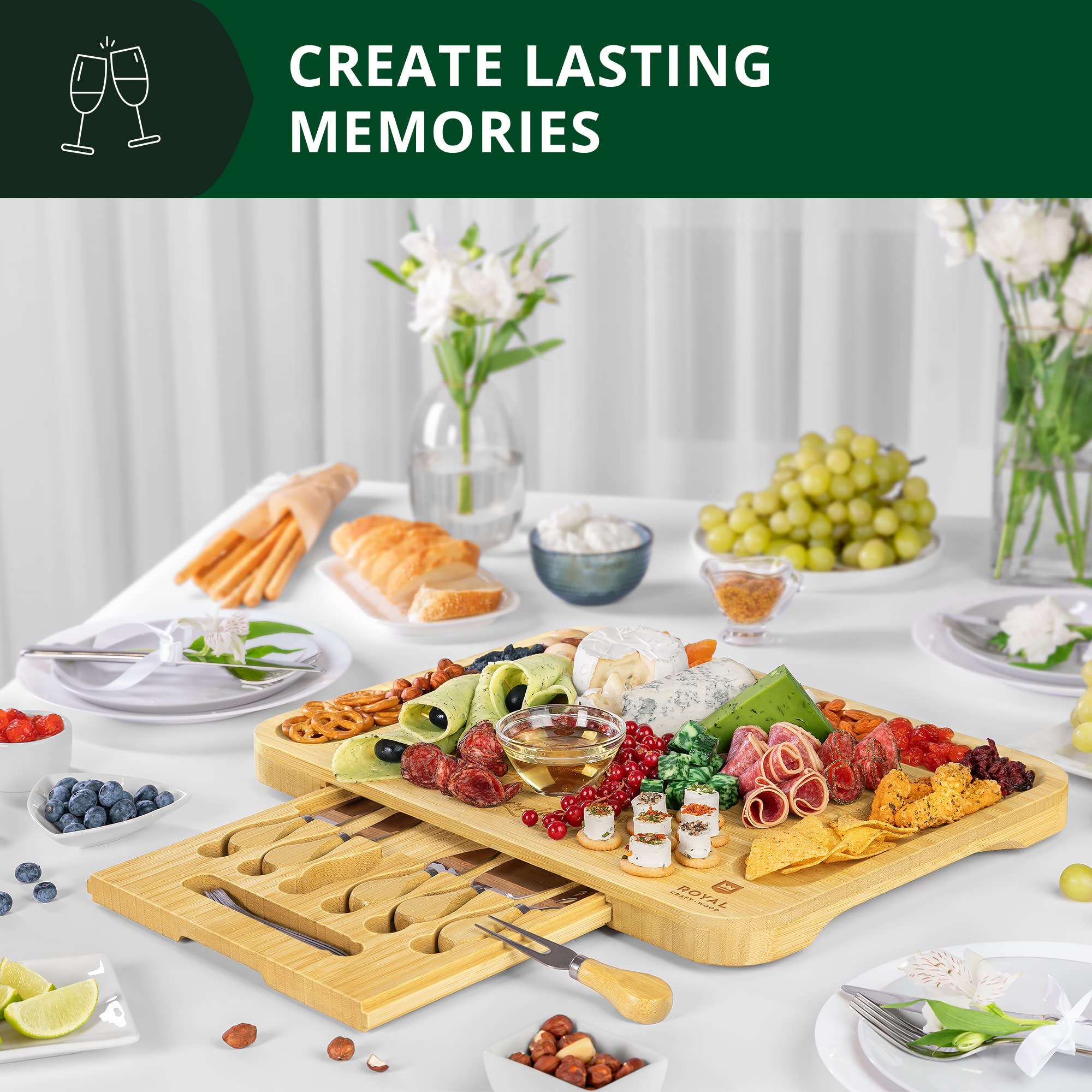 ROYAL CRAFT WOOD Premium Bamboo Charcuterie Board Set - Cheese Platter & Serving Tray & Serving Utensils - Perfect Housewarming Gift, Wedding, Bridal Shower Gift - Ideal for Entertaining and New Home