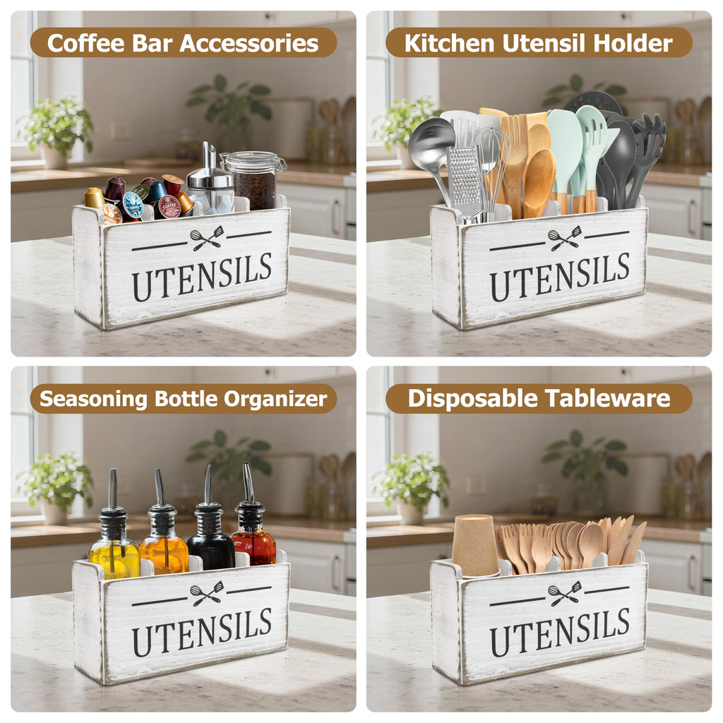 RedCall Extra Large Utensil Holder Organizer,4 Compartments Wooden Kitchen Tool Holder for Countertop,Rustic Farmhouse Utensil Organizer for Spatula Spoon Storage (Antique-4)