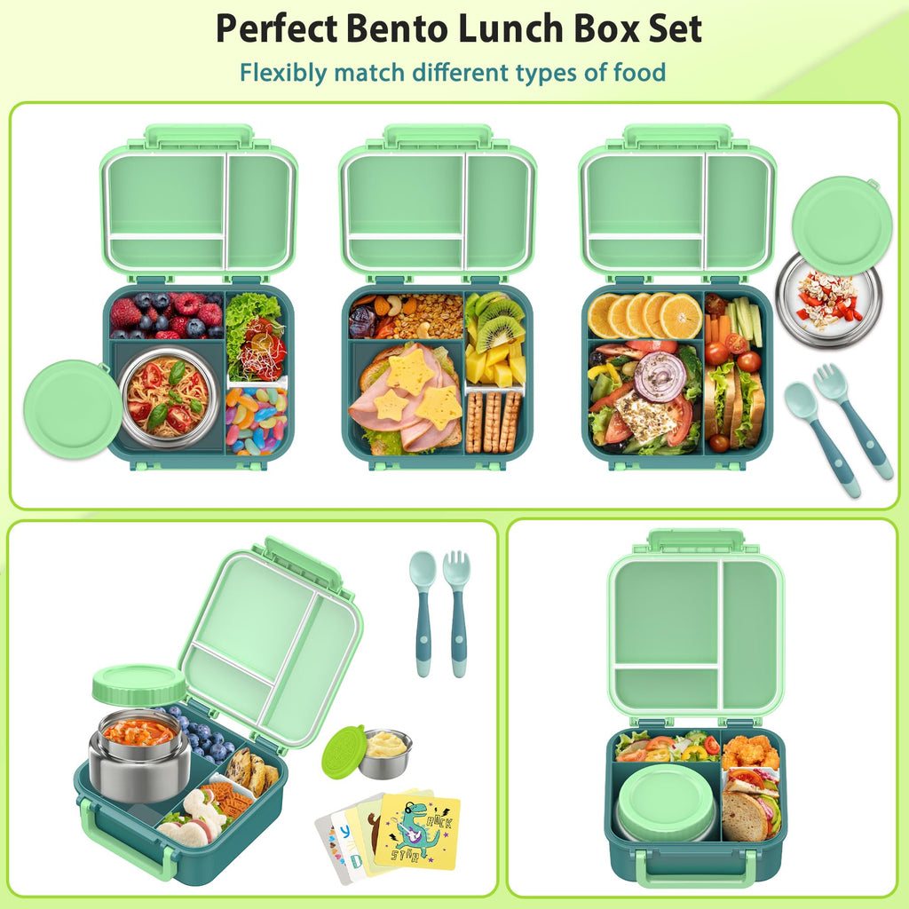 Kids Bento Lunch Box with 9oz Soup Thermo Leakproof Lunch Food Containers 4 Compartment with Insulated Hot Food Jar for Kid Toddler Girls Boys to School Trvael