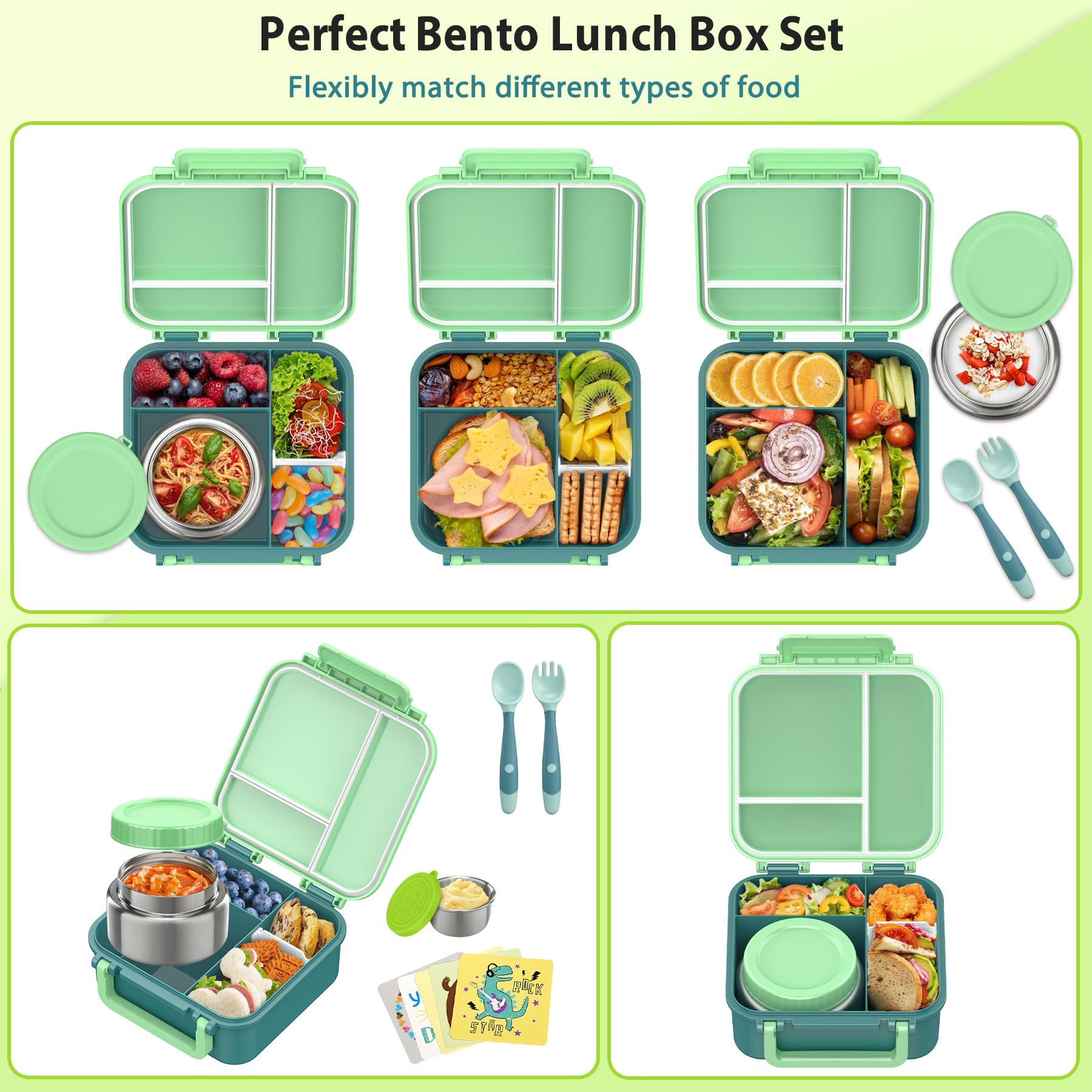 Kids Bento Lunch Box with 9oz Soup Thermo Leakproof Lunch Food Containers 4 Compartment with Insulated Hot Food Jar for Kid Toddler Girls Boys to School Trvael