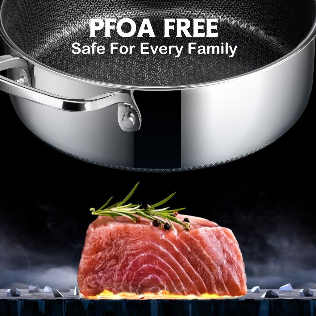 SNOWCLAD Frying Pans Nonstick with Lid,Hybrid Non Stick 5 Quart Saute pan,PFOA Free Cookware,Stainless Steel skillet,12 inch Deep Saute Pan,Dishwasher&Oven Safe,Works on All Cooktops