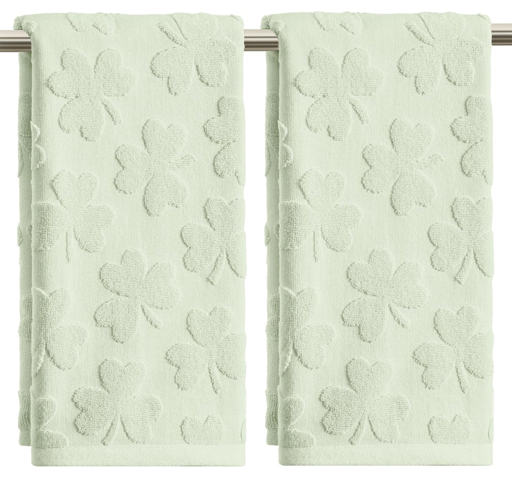 Artoid Mode 2 Pcs Dark Green 3D Shamrock Jacquard Patrick Hand Towels for Bathroom, 100% Cotton Soft Absorbent Bathroom Decor Towels, 13.7 x 29.5 Inch