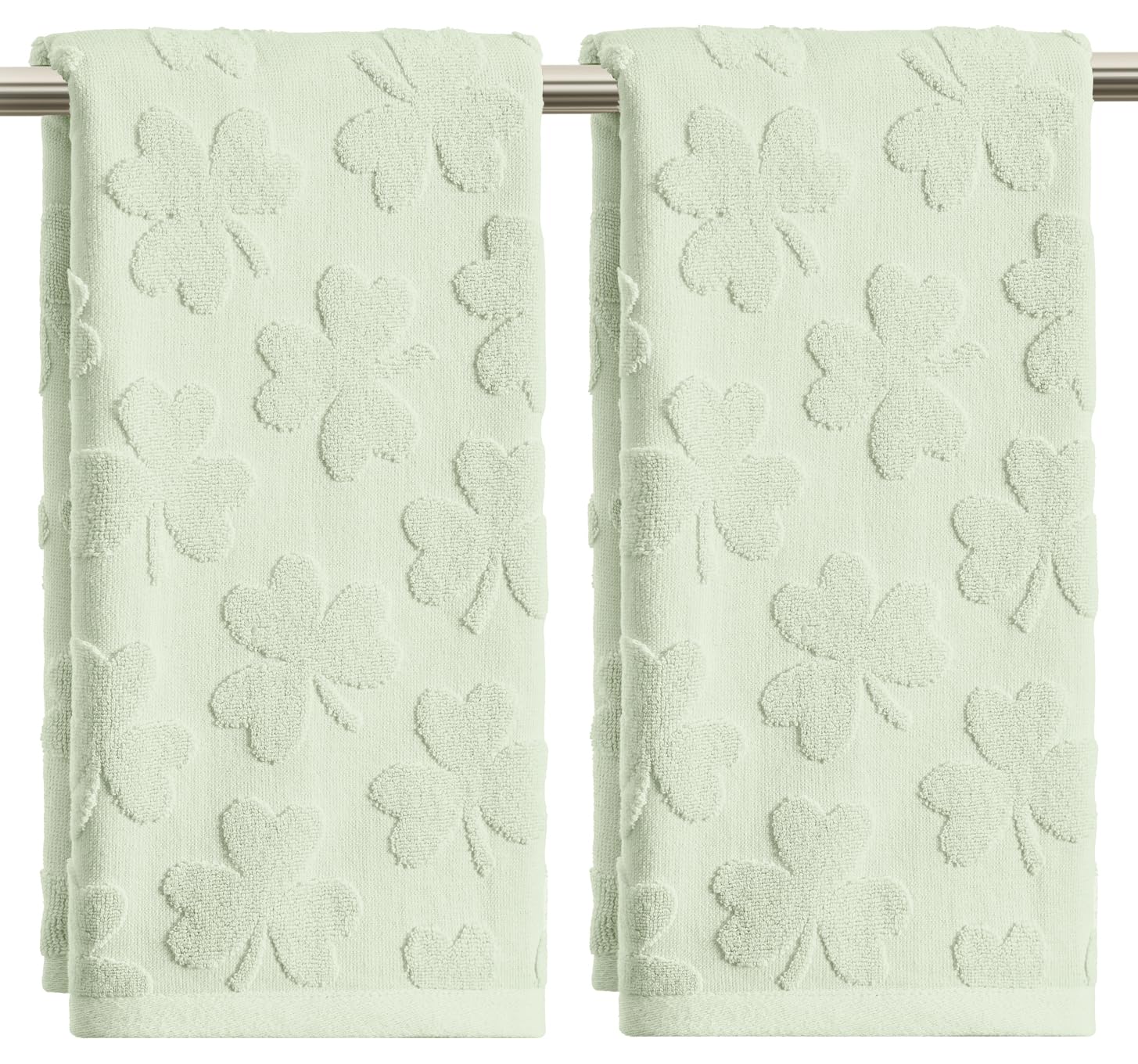 Artoid Mode 2 Pcs Dark Green 3D Shamrock Jacquard Patrick Hand Towels for Bathroom, 100% Cotton Soft Absorbent Bathroom Decor Towels, 13.7 x 29.5 Inch