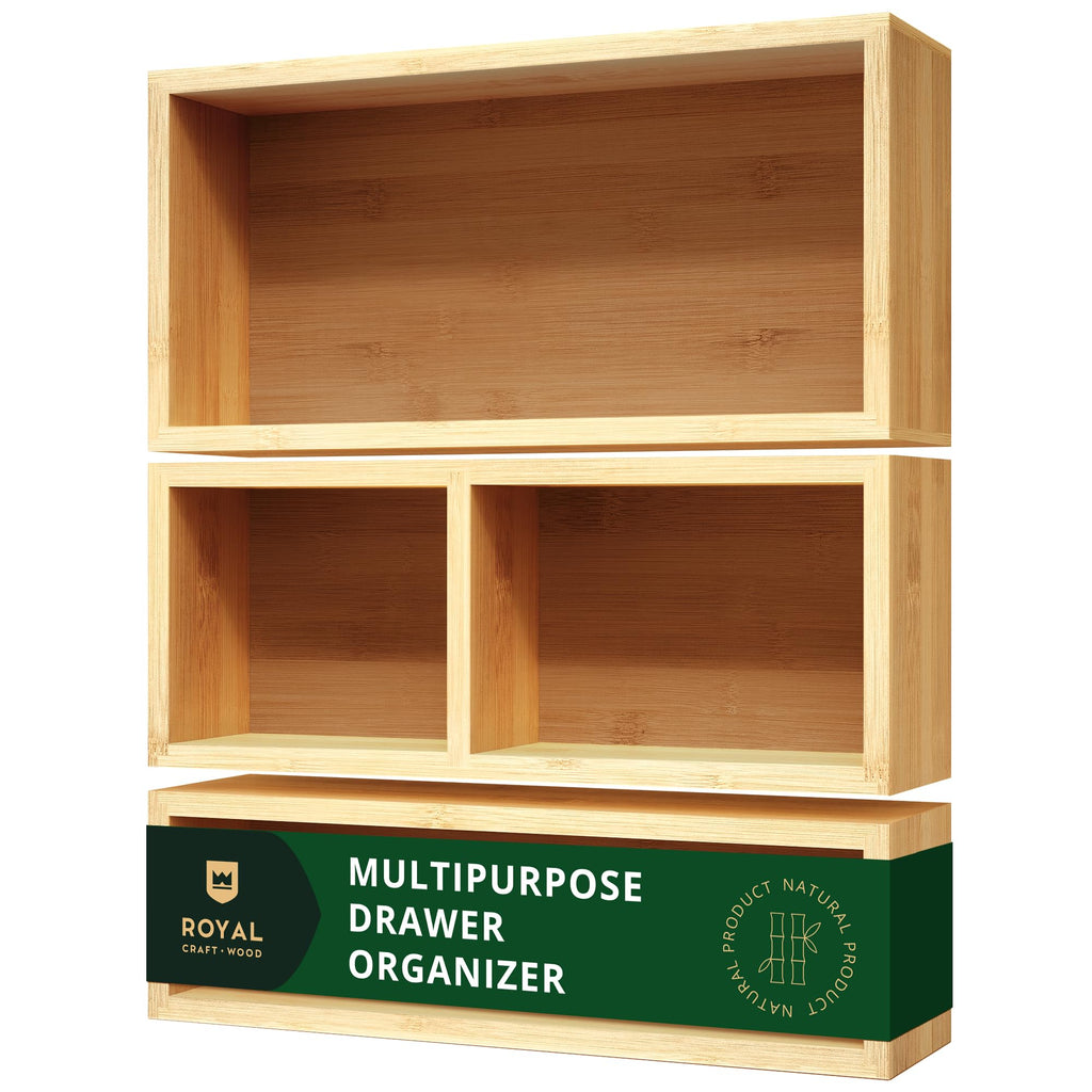 ROYAL CRAFT WOOD 5-Piece Bamboo Drawer Organizer Set – Multi-Use Storage Trays for Kitchen, Bathroom, Office, Makeup, Jewelry & More – Junk Drawer Tray, Utensil Holder, Storage Box & Bin Set (5 Boxes)