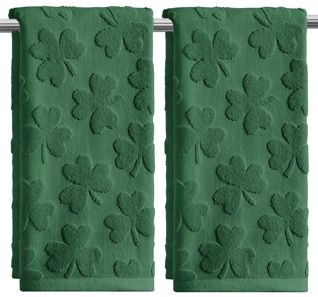Artoid Mode 2 Pcs Dark Green 3D Shamrock Jacquard Patrick Hand Towels for Bathroom, 100% Cotton Soft Absorbent Bathroom Decor Towels, 13.7 x 29.5 Inch