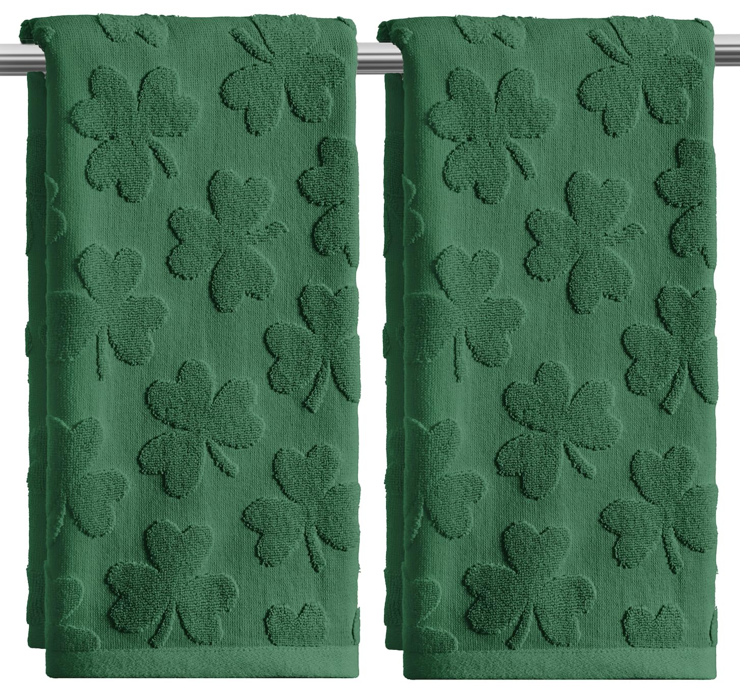 Artoid Mode 2 Pcs Dark Green 3D Shamrock Jacquard Patrick Hand Towels for Bathroom, 100% Cotton Soft Absorbent Bathroom Decor Towels, 13.7 x 29.5 Inch