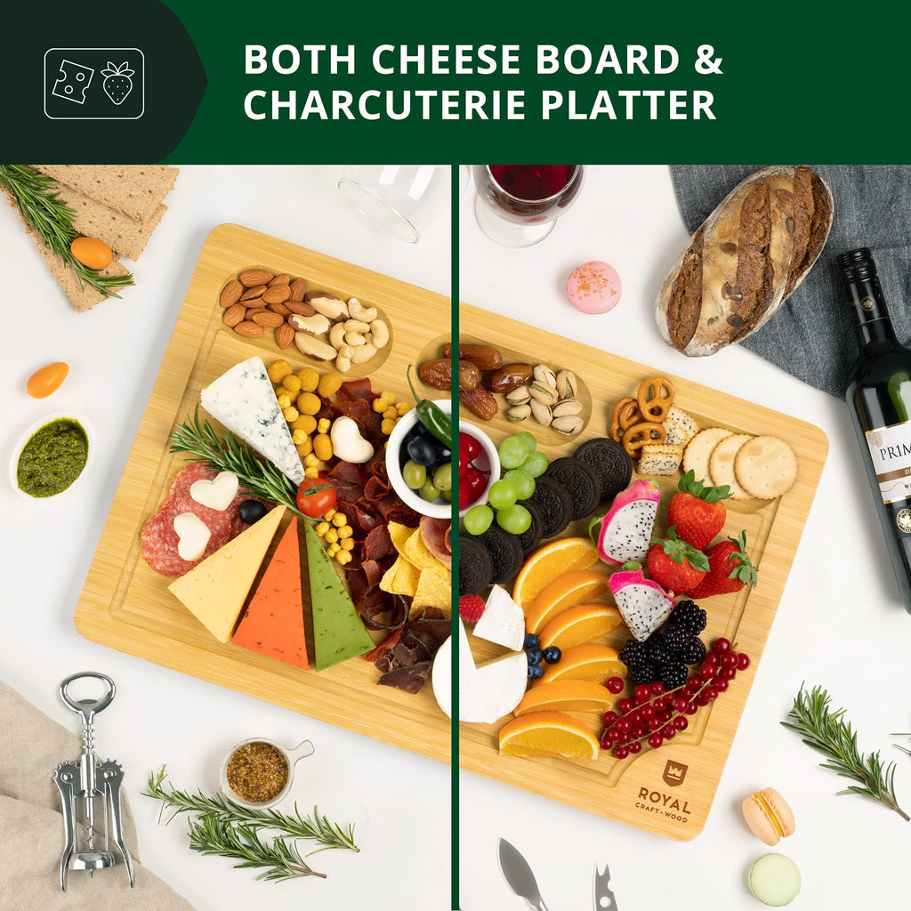 ROYAL CRAFT WOOD Premium Bamboo Charcuterie Board Set - Cheese Platter & Serving Tray & Serving Utensils - Perfect Housewarming Gift, Wedding, Bridal Shower Gift - Ideal for Entertaining and New Home