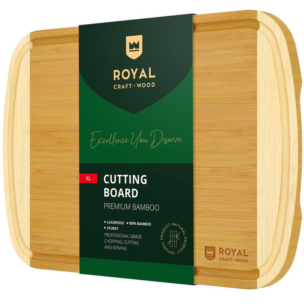 ROYAL CRAFT WOOD Organic Bamboo Cutting Board with Juice Groove - Kitchen Chopping Board for Meat (Butcher Block) Cheese and Vegetables