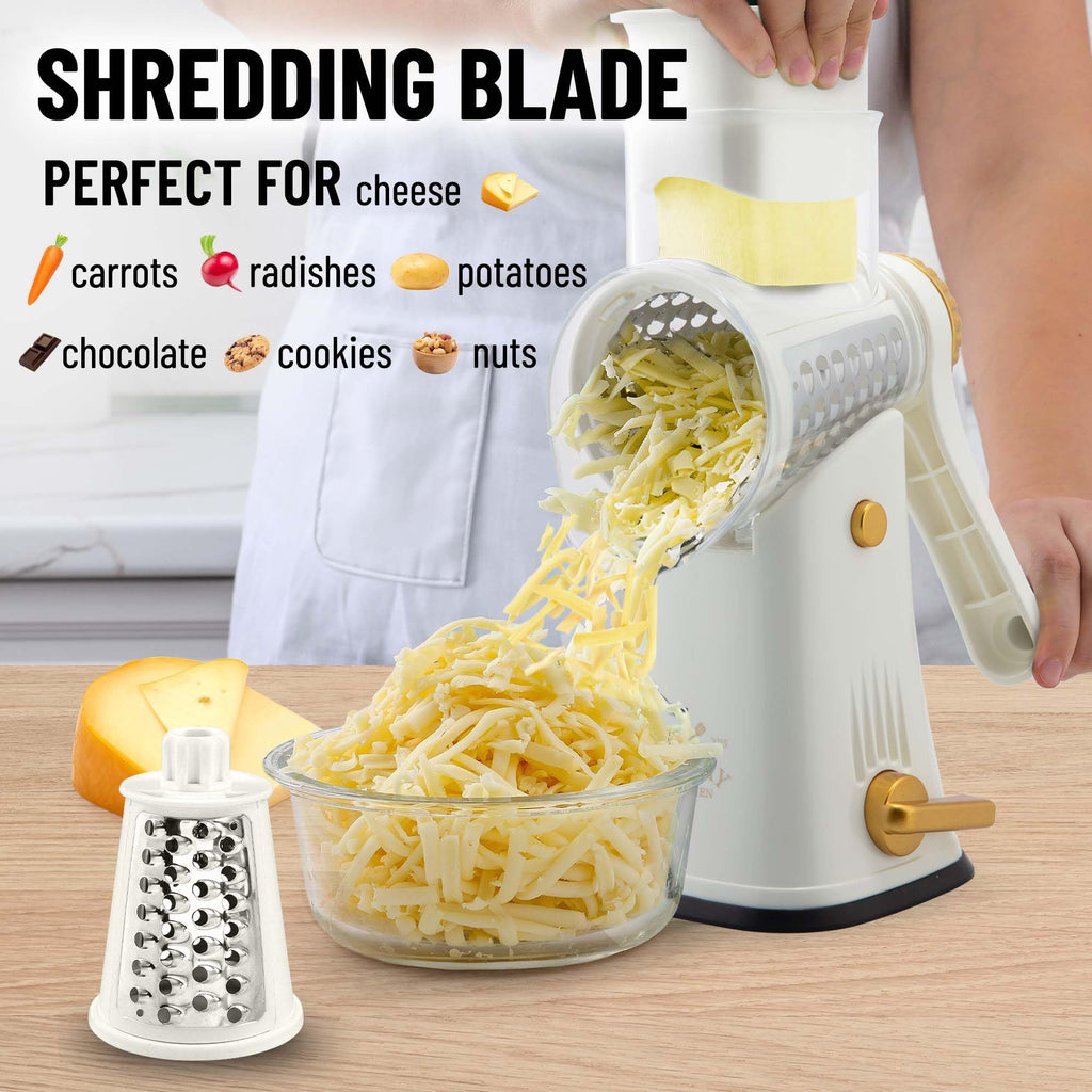 Zulay Kitchen Rotary Cheese Grater 5 Blade Cheese Shredder - Manual Hand Crank Cheese Grater With Reinforced Suction & 5 Interchangeable Drums - Easy to Use, Vegetable Chopper Round Mandoline Slicer