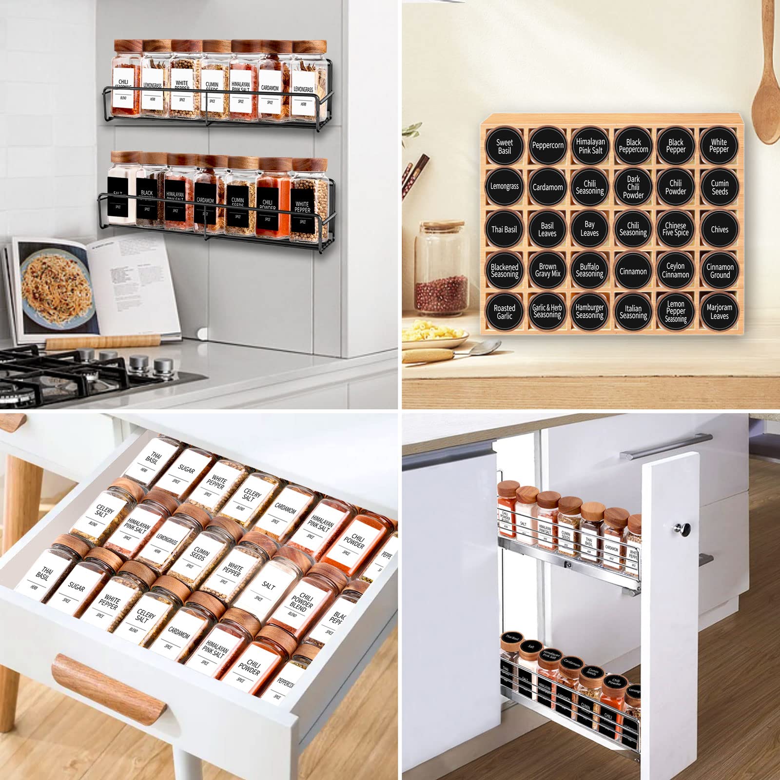Churboro 24 Spice Jars with 547 Labels - Glass Spice Jars with Shaker Lids - 4 Oz Square Spice Containers with Acacia Wood Lids, Chalk Pen, Funnel- Seasoning Jars for Spice Rack, Cabinet, or Drawer