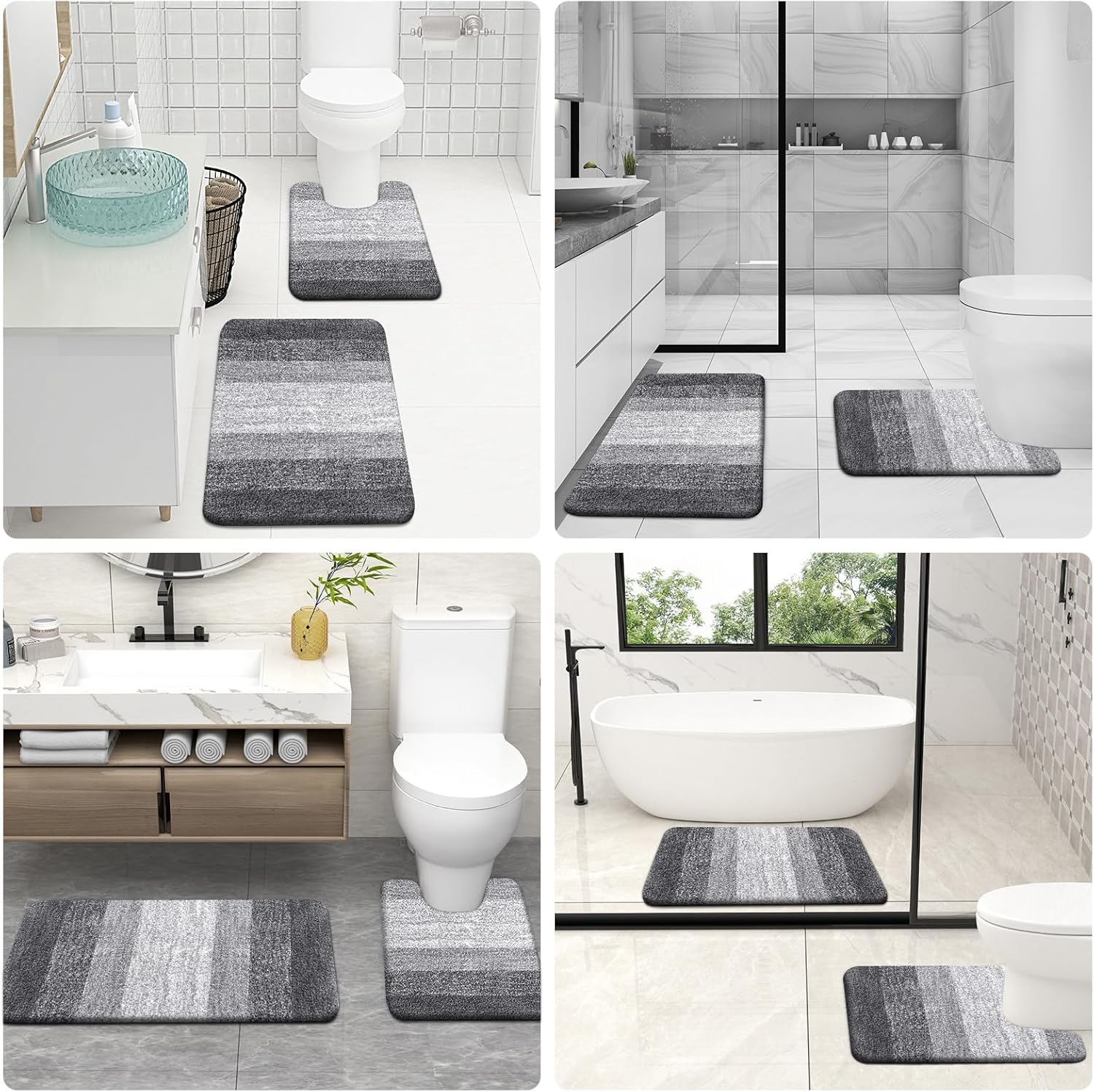 OLANLY Bathroom Rug Set 2 Piece, Soft Absorbent Microfiber Bath Mats and U-Shaped Contour Toilet Rug, Non-Slip, Machine Wash Dry, Plush Shaggy Bath Mats for Bathroom (24"x16"+24"x20", Grey)