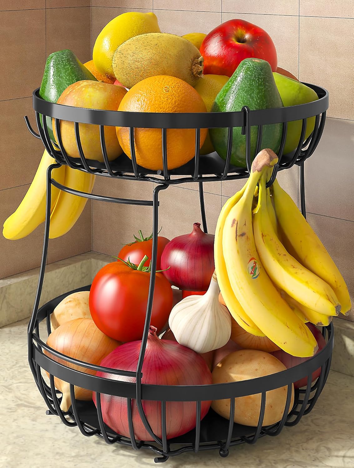 2 Tier Fruit Basket for Kitchen Counter with 2 Banana Hangers, 2 Packe of Under Sink Organizers with Hooks Hanging Cup for Kitchen and Bathroom