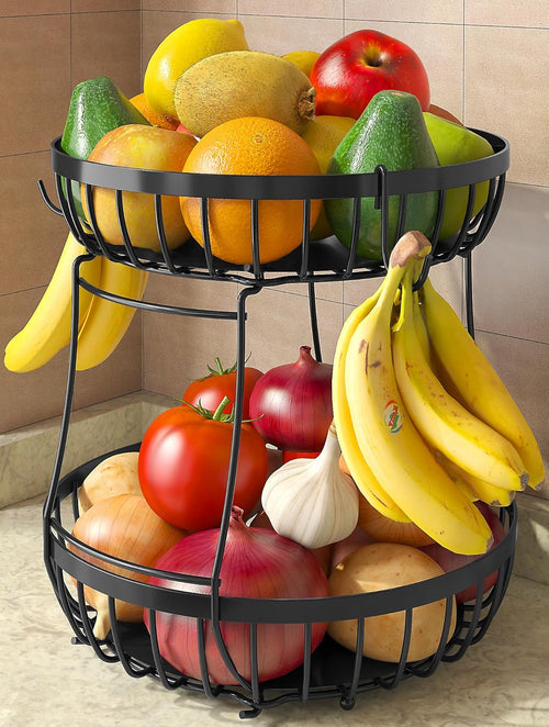 2 Tier Fruit Basket for Kitchen Counter with 2 Banana Hangers, 2 Packe of Under Sink Organizers with Hooks Hanging Cup for Kitchen and Bathroom