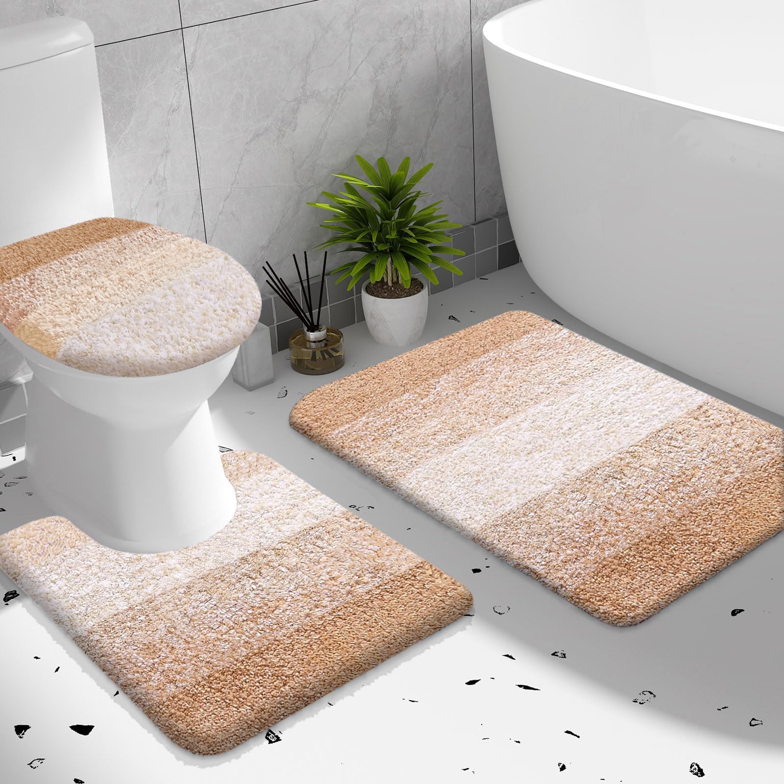 OLANLY Bathroom Rugs Sets 3 Piece, Soft Microfiber Absorbent Bath Mat, U-Shaped Contour Toilet Mat and Toilet Lid Cover, Quick Dry, Machine Washable, Toilet Cover and Rug Set for Bathroom, Grey