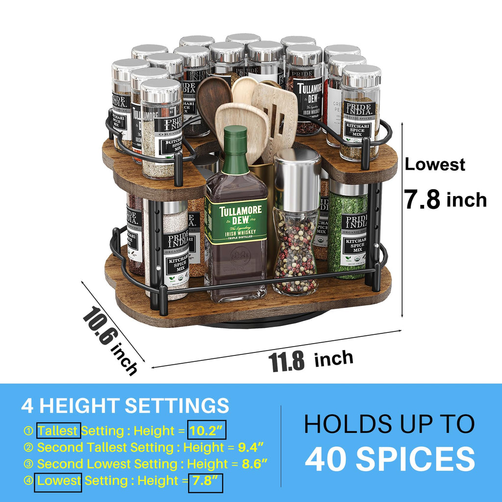 Lazy Susan Organizer Spice Rack - Spice Organization for Cabinet Height Adjustable Rotating Lazy Turntable, Pantry Kitchen Wood Revolving Seasoning Organizer (12 Inch)