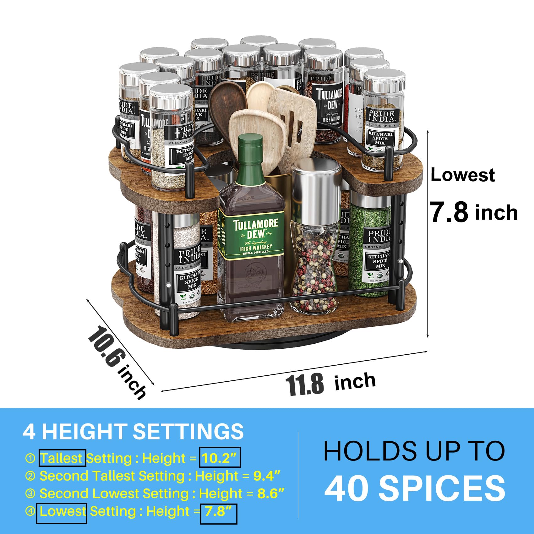 Lazy Susan Organizer Spice Rack - Spice Organization for Cabinet Height Adjustable Rotating Lazy Turntable, Pantry Kitchen Wood Revolving Seasoning Organizer (12 Inch)