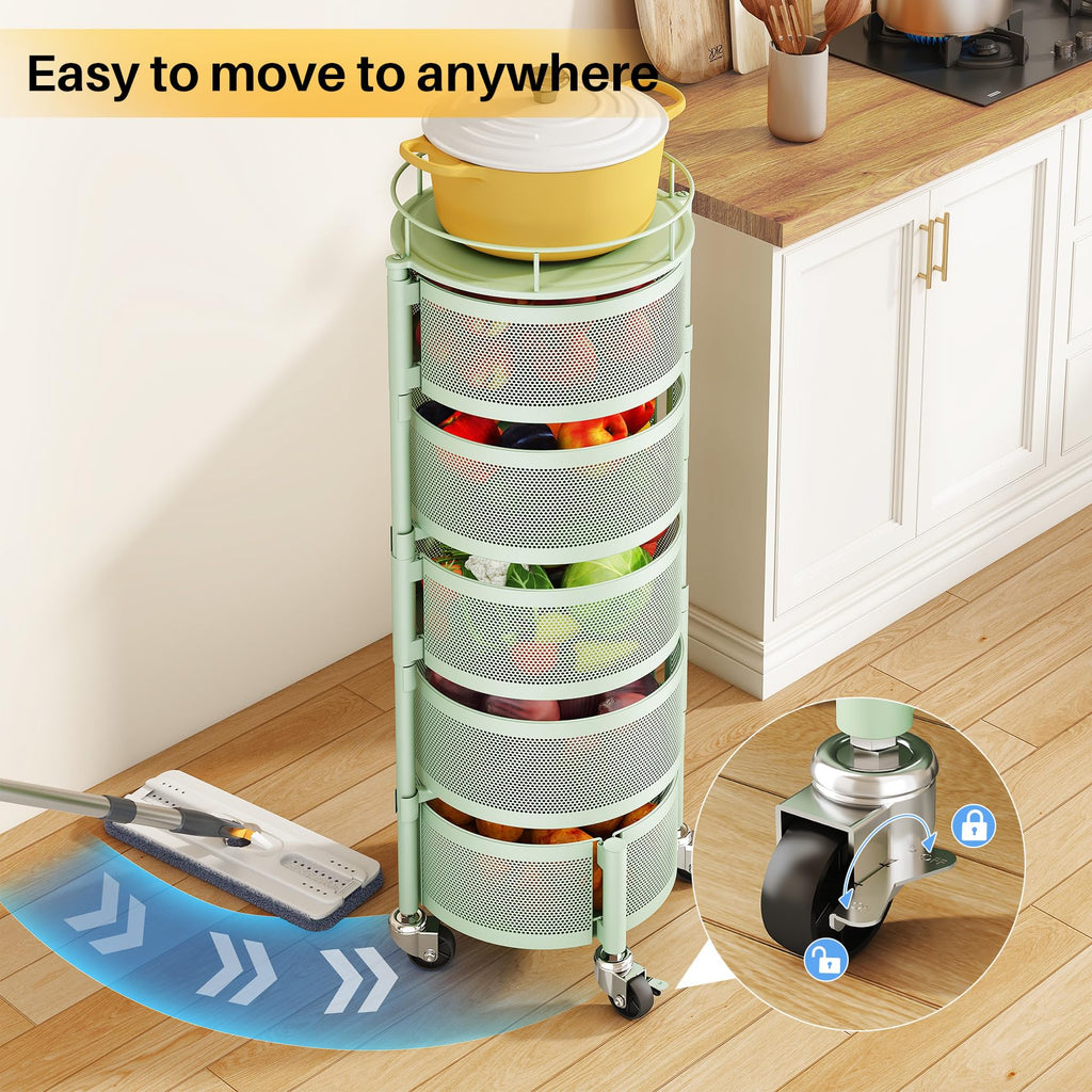 SNTD Fruit and Vegetable Basket Bowls for Kitchen with Metal Top Lid, 5 Tier Rotating Storage Rack Cart for Potato Onion Bread Banana, Wire Basket Organizer on Wheels, Large, Black