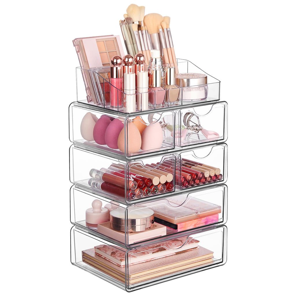 Vtopmart 3 Tier Clear Makeup Organizer with Drawer, Cosmetic Storage for Dresser Countertop and Bathroom Vanity, Beauty Holder for Lipstick Brush Skincare