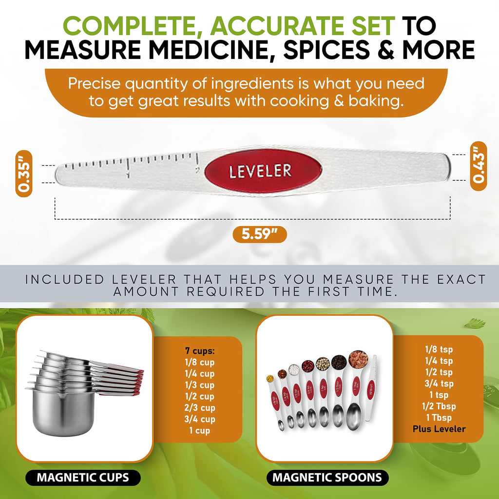 Spring Chef Magnetic Measuring Cups & Spoons Set, Patented, Strong N45 Magnets, Heavy Duty Stainless Steel Fits in Spice Jars for Baking & Cooking, BPA Free, Round Set of 15 with Leveler, Black