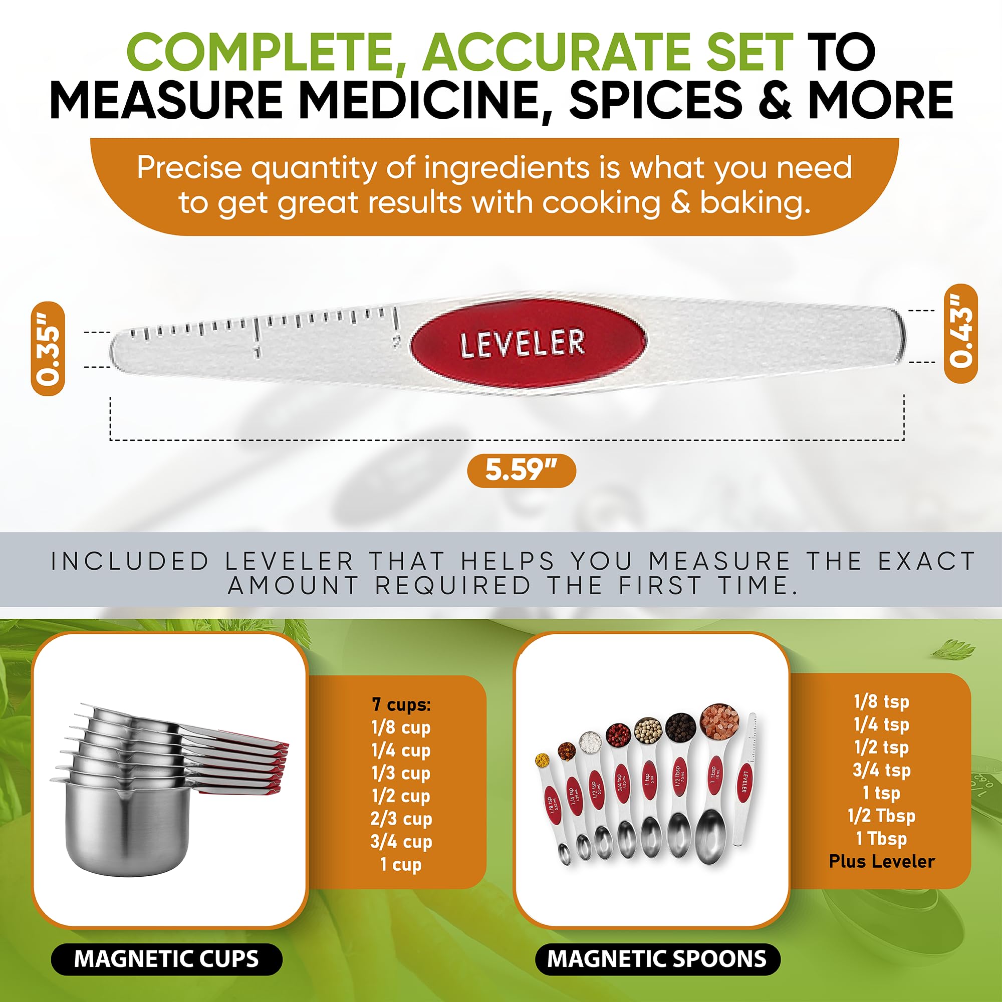 Spring Chef Magnetic Measuring Cups & Spoons Set, Patented, Strong N45 Magnets, Heavy Duty Stainless Steel Fits in Spice Jars for Baking & Cooking, BPA Free, Round Set of 15 with Leveler, Black