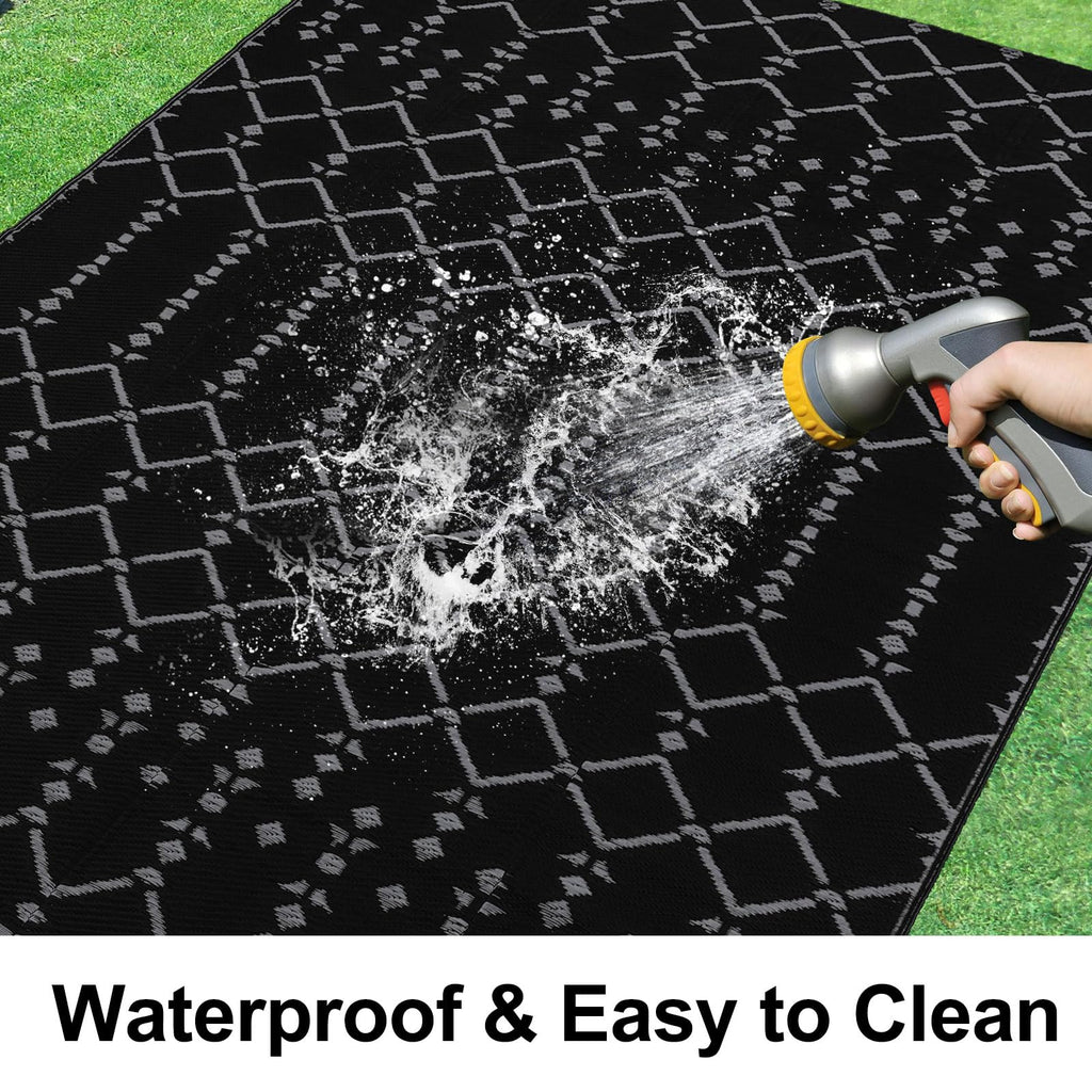 Smiry Waterproof Outdoor Rug 5x8 ft, Reversible Plastic Straw Patio Camping Rugs, Outdoor Indoor RV Mat Carpet for Patio, Outside Entry, Backyard, Deck, Bench, Picnic, Camper, Black & Beige