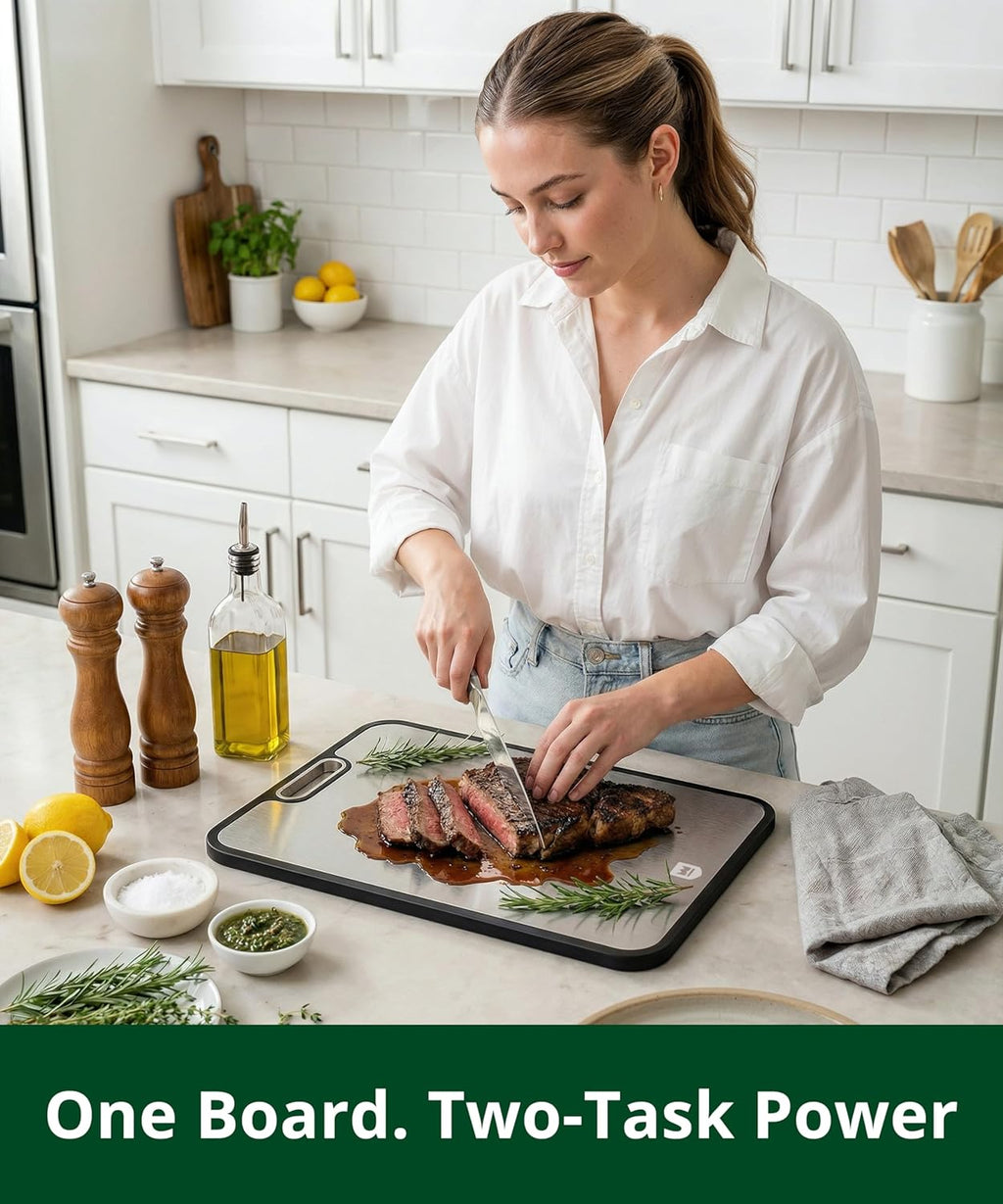 Titanium Cutting Board for Kitchen, Double Sided Cutting Board, Pure Titanium & PP, Large Metal Chopping Board with Juice Groove for Meat and Vegetables, Easy to Clean, 15”×10.4”