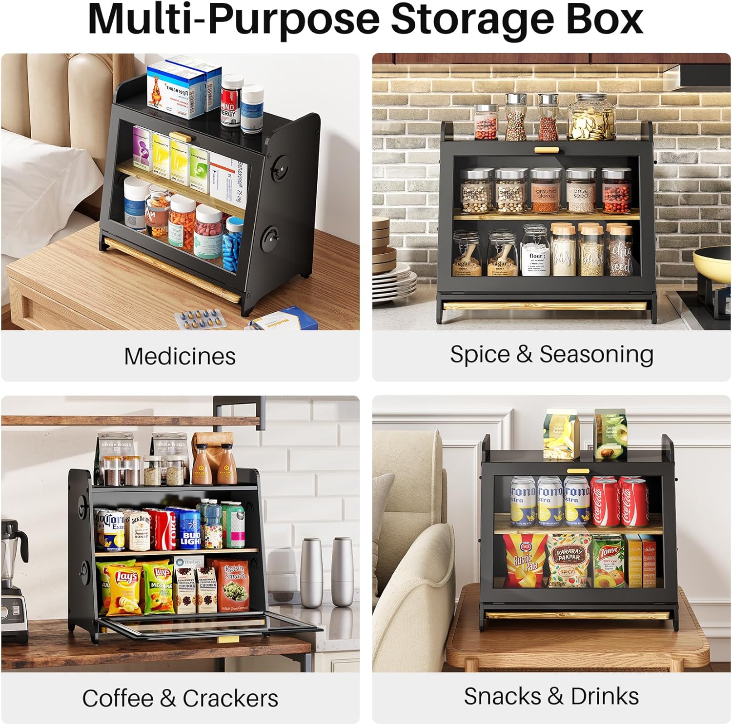 SNTD Bread Box for Kitchen Countertop, Airtight Homemade Bread Storage Container with Adjustable Vent Holes, Bamboo Cutting Board (Black, L)