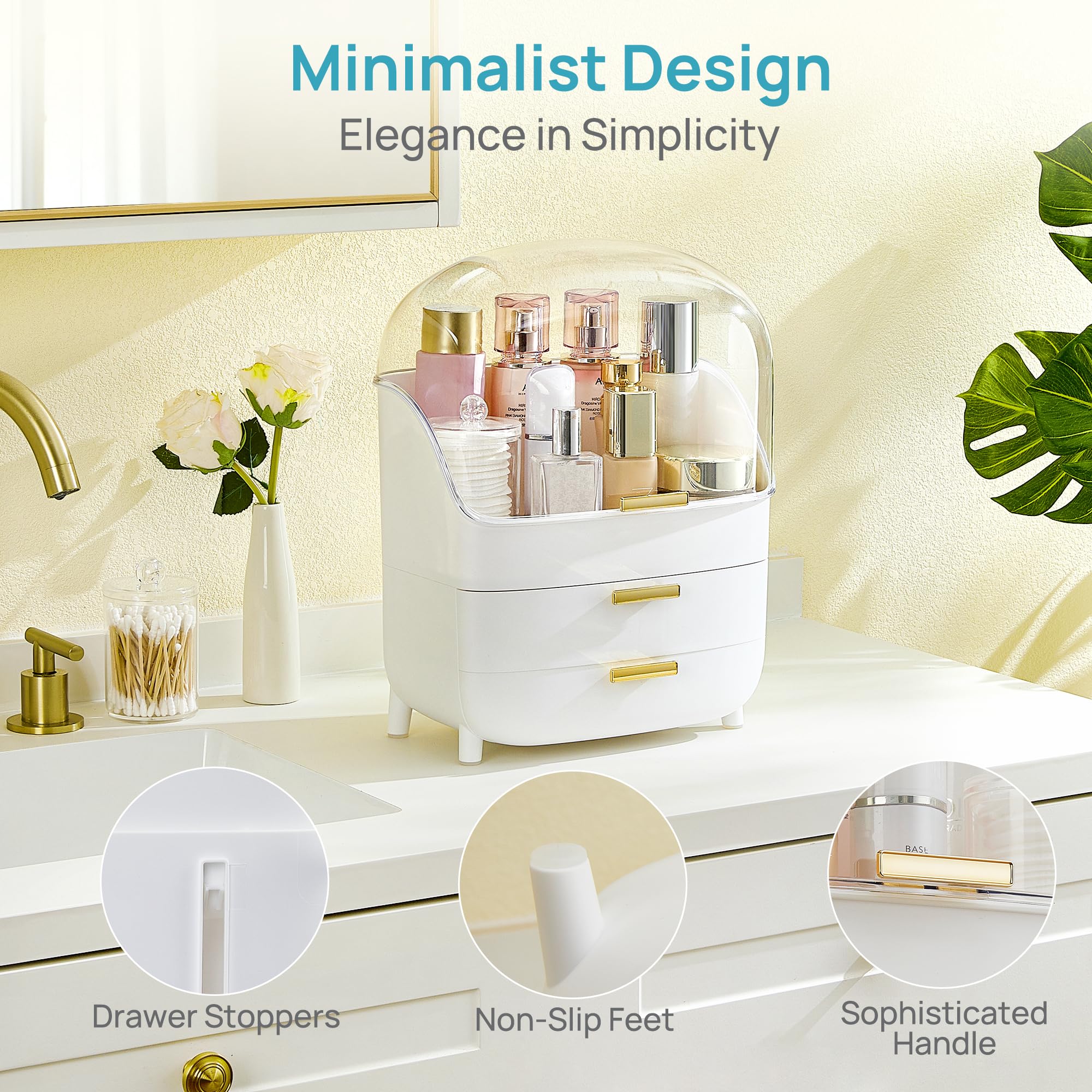 Vtopmart 3-Tier Skincare Makeup Organizer with Drawers for Vanity and Bathroom Countertop, Large Cosmetic Storage Box Case for Dresser, with Non-Slip Base