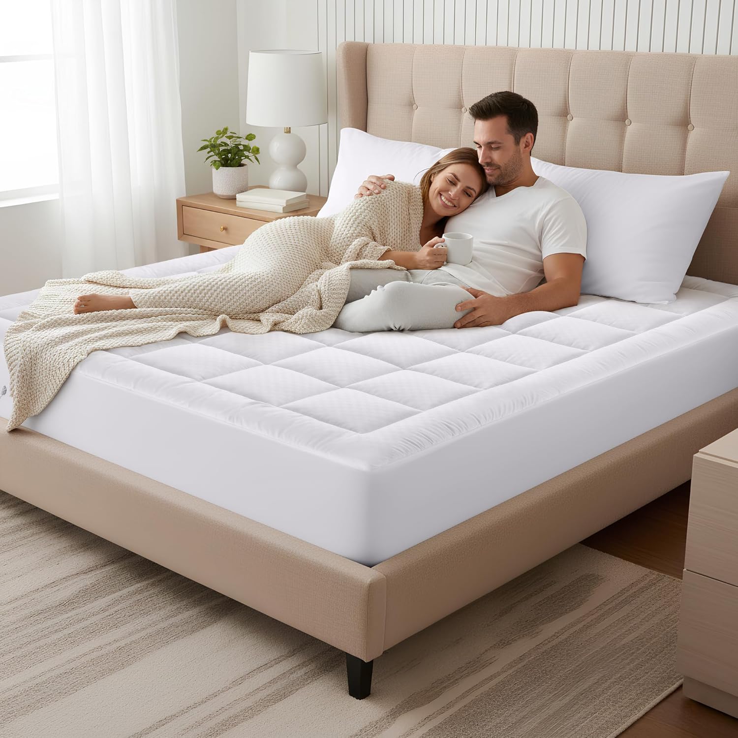 OLANLY Queen Quilted Fitted Mattress Pad – Soft Pillow Top Mattress Topper, Down Alternative Fill, Cooling Comfort Breathable Mattress Cover, Machine Washable Deep Pocket Mattress Protector, White