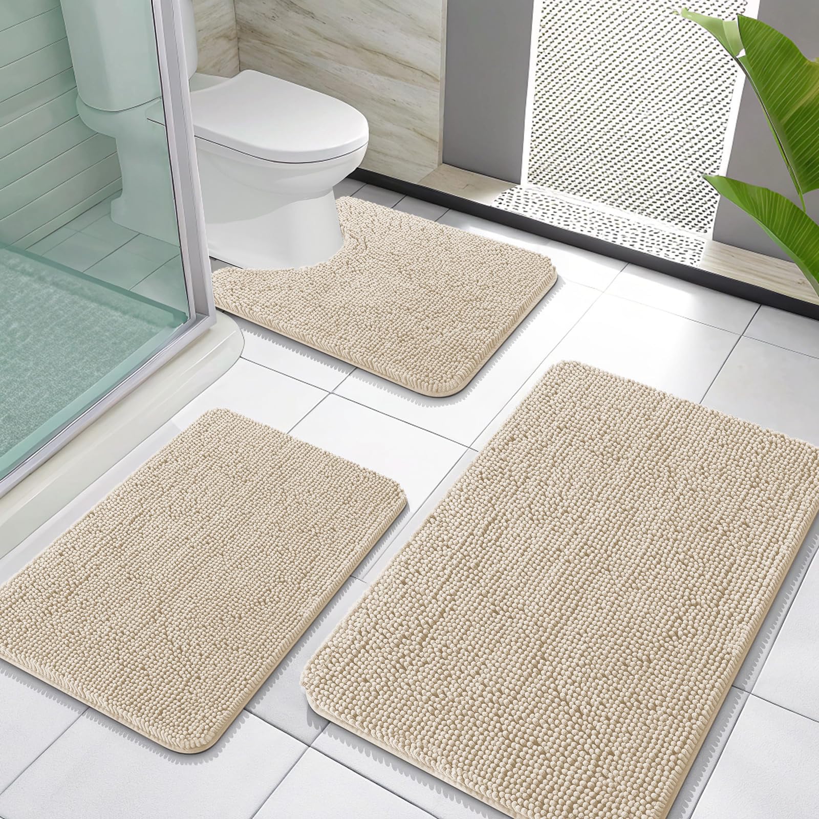 OLANLY Bathroom Rugs Sets 3 Piece, Soft Absorbent Chenille Bath Mats and U-Shaped Contour Toilet Rug, Quick Dry, Home Decor Accessories, Bath Mat Set for Bathroom (30"x20"+24"x16"+24"x20", Grey)