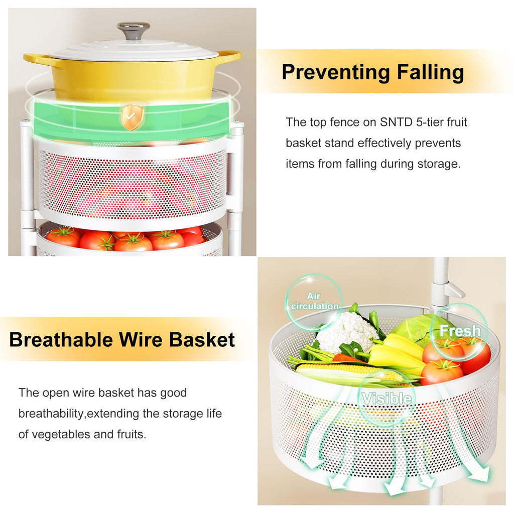 SNTD Fruit and Vegetable Basket Bowls for Kitchen with Metal Top Lid, 5 Tier Rotating Storage Rack Cart for Potato Onion Bread Banana, Wire Basket Organizer on Wheels, Large, Black